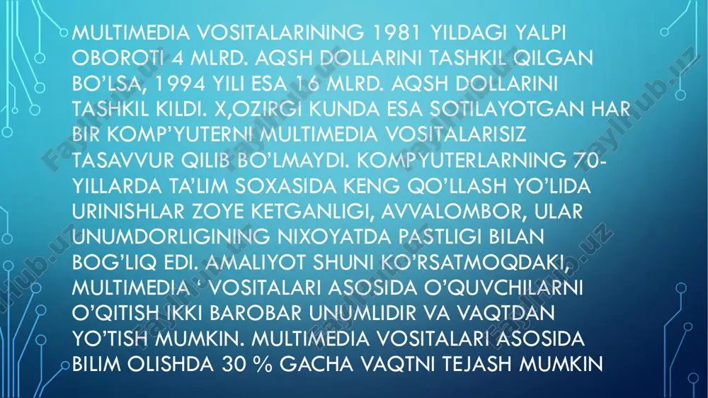 ur maqolada bolalar adabiyotini o’qitishda vositalardan, xususan, multimedia vositalaridan foydalanish ahamiyati haqida so ‘z boradi. kalit so’zlar: multimedia vositalari, bolalar adabi slide 15: e‘tiboringiz uchun raxmat!!