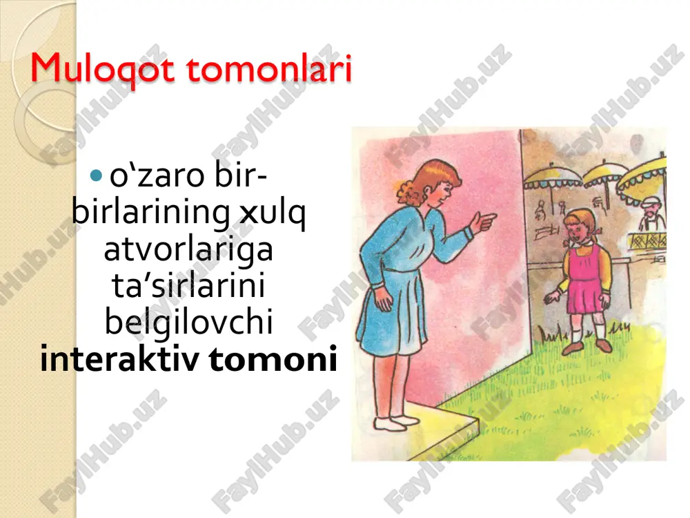 bo‘ldi?!" , "yana-chi?" , "yashang!" singarilar "aniqlik kirituvchi savollar" • masalan, "nima demoqchisiz?" yoki "aniq maqsadingiz nima ekan, o‘zi?' va hokazo "qo‘shimch a luqmalar" • -bunda gapning mazmunidan kelib chiqib, ayrim aniqliklar kiritiladi. masalan, "men ham eshitganim bor, bu haqda", "qani, qolganini ham eshitaylik- chi?"... jonli, dadil gapirish tarzi, nutqning tez tempi suhbatdoshning qiziqqonligi, ta’sirchanligi, o‘ziga ishonganligidan dalolat beradi; bosiq, sekin so‘zlash usuli kishining vazminligi, aqlliligi, ~ysosliligyni ko‘rsatadi; nutq tezligida sezilarli o‘zgarishlar, qkqilanivd kishining o‘ziga nisbatan ishonchsizligi, ta’sirchanligi, o‘zini bosa olmasligini bildiradi nutq tezligi: katta hayotiy tajriba sohibi yoxud maqtanchoqlikni yoqtiradigan kishi baland ovozda gapiradi; past ovozda gapirish insonning vazminligi, kamtarinligi, yuqori madaniyatliligi yoki, aksincha, hayotiy kuchga ega emasligini; tovushdagi kuchli o‘zgarishlar suhbatdoshni emotsionalligi hamda hayajonlanishini bildiradi tovush tembri: so‘zlarni aniq talaffuz qilish ichki intizomlilik, aniqlikka ehtiyojni, shuningdek, jo‘shqinlikning etishmasligini; tushunarsiz, noaniq talaffuz ko‘ngilchanlik, o‘ziga ishonchsizlik, yumshoqlik,irodasizlikni anglatadi talaffuz: