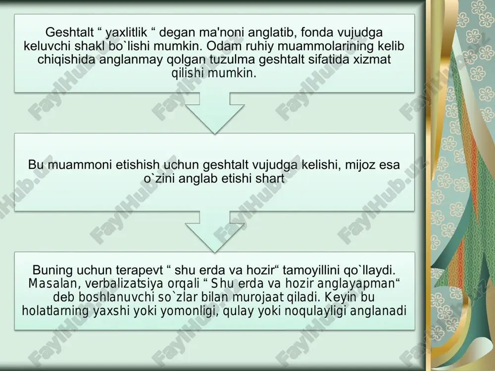 hiqargan inkaunter guruhning asosiy qonuni bu ishtirochilar guruhda qabul qilib kelayotgan yoki rad etayotgan xulqi uchun ular mas‟uldirlar hissiyotga e‟tibor • inkaunter guruhlar belgisi sifatida shyuts hissiyotga e‟tiborni qaratgan. barcha inkaunter guruhlar dasturlarining asosiy maqsadi bu guruh a‟zolarida o‟zlarining affektiv interpritatsiyalarining anglashni yanada yuqori darajasiga erishish “hozir va shu yerda “ inkaunter guruhlar belgilarining oxirgisi bu “hozir va shu yerda ” prinspi. trening guruhlari va senzitivlikni trening qilish guruhlarida hozirgi holatga diqqatni jamlash asosiy qonun qilib qabul qilindi terapiya va inkaunter guruhlar ular orasidagi farqlar bir qaraganda unga aniq emasdir. aksariyat psixoterapevtik guruhlar inkaunter guruh terapiyasidan foydalanadi psixoterapiyaga nafaqat ruhiy masalalar, balki turli psixologik qiyinchiliklarga duch kelgan so‟g‟lom odamlar murojaat etadi ananaviy psixoterapiya nisbatan davomli, inkaunter guruhlar esa ko‟plab psixologik ta‟sirga ega guruhlar guruhlar o‟qitish kursini qisqartirishga intiladi. inkaunter guruh va ananaviy psixoterapevtik guruhlar orasida hozirgacha ham katta farqlar mavjud ananaviy guruhiy psixoterapiya oldingi tajriba bilan ishlashni afzal ko‟radi. inkaunter …