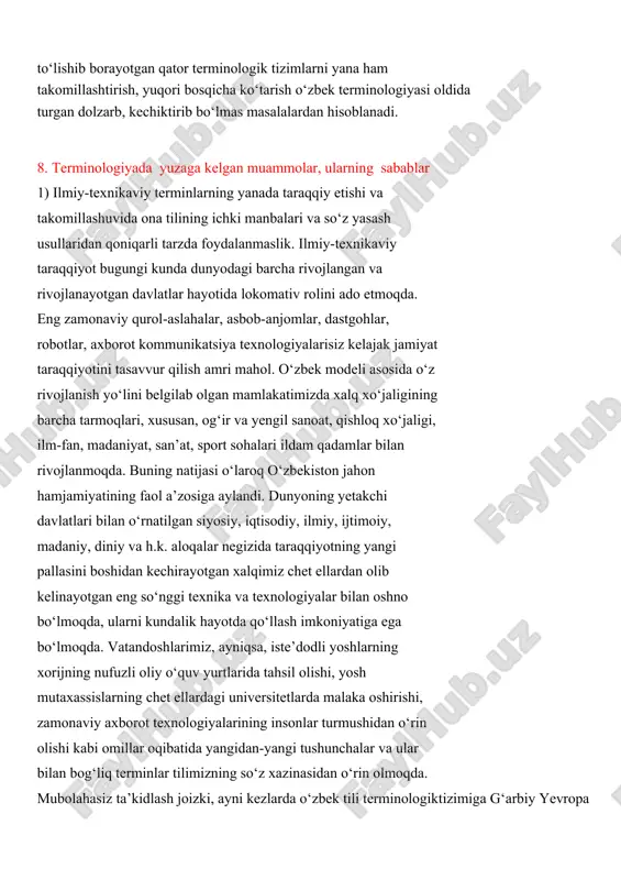 sining istiqlolni qo‘lga kiritishi (1991) ilm-fan va texnika tilining keng qamrovli taraqqiyotini ta’minladi. o‘zbek tili terminologik leksikasining faollashish jarayoni respublikaning davlat qurilishi, iqtisodiy, ijtimoiy, ilmiy, madaniy va ma’naviy taraqqiyoti, shuningdek, ijtimoiy turmushning turfa jabhalariga doir talaygina yangi hodisa va tushunchalarni ifodalash zaruriyati bilan chambarchas bog‘liqdir. shu sababli hozirgi paytda o‘ta tezlik bilan to‘lishib borayotgan qator terminologik tizimlarni yana ham takomillashtirish, yuqori bosqicha ko‘tarish o‘zbek terminologiyasi oldida turgan dolzarb, kechiktirib bo‘lmas masalalardan hisoblanadi. 8. terminologiyada yuzaga kelgan muammolar, ularning sabablar 1) ilmiy-texnikaviy terminlarning yanada taraqqiy etishi va takomillashuvida ona tilining ichki manbalari va so‘z yasash usullaridan qoniqarli tarzda foydalanmaslik. ilmiy-texnikaviy taraqqiyot bugungi kunda dunyodagi barcha rivojlangan va rivojlanayotgan davlatlar hayotida lokomativ rolini ado etmoqda. eng zamonaviy qurol-aslahalar, asbob-anjomlar, dastgohlar, robotlar, axborot kommunikatsiya texnologiyalarisiz kelajak jamiyat taraqqiyotini tasavvur qilish amri mahol. o‘zbek modeli asosida o‘z rivojlanish yo‘lini belgilab olgan mamlakatimizda xalq xo‘jaligining barcha tarmoqlari, xususan, og‘ir va yengil sanoat, qishloq xo‘jaligi, ilm-fan, …