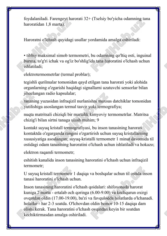 rda ham 4 nafasga ko'tariladi va puls kattalarda - daqiqada 8-10 urishga, va bolalar - daqiqada 20 zarbagacha. keksa odamlarda tana harorati o'rta yoshdagilarga qaraganda pastroq bo'lib, 35-36 ° s ga teng, yangi tug'ilgan chaqaloqlarda tana harorati odatda 37,0-37,2 ° s ni tashkil qiladi. qo'ltiq ostidagi tana haroratini o'lchash maqsad: katta yoshli bemorning tana haroratini aniqlash. ko'rsatkichlar: tananing funktsional holatini kuzatish, nozokomial infektsiyalarning oldini olish, holatni tashxislash. qo'llash mumkin bo'lmagan holatlar: bezi toshmasi, qo'ltiq ostidagi yallig'lanish jarayoni. uskunalar: tibbiy simob termometri, individual salfetka, dezinfektsiyali eritmasi bo'lgan idish, harorat varag'i, qora tayoqli qalam, soat, harorat jurnali. termometriya ma'lumotlarini ro'yxatga olish statsionar sharoitda haroratni o'lchash natijalari registrda qayd etiladi, unda bemorlarning ismlari va bosh harflari, haroratni o'lchash sanalari va vaqtlari (ertalab, kechqurun) ko'rsatiladi. +tana haroratini o'lchash ma'lumotlari o'lchovdan so'ng darhol, lekin kuniga kamida ikki marta tibbiy kartaga (bemorning tibbiy kartasiga) yopishtirilgan individual harorat varag'iga o'tkaziladi. harorat varag'ining abscissa o'qida haroratni o'lchash sanasi, …
