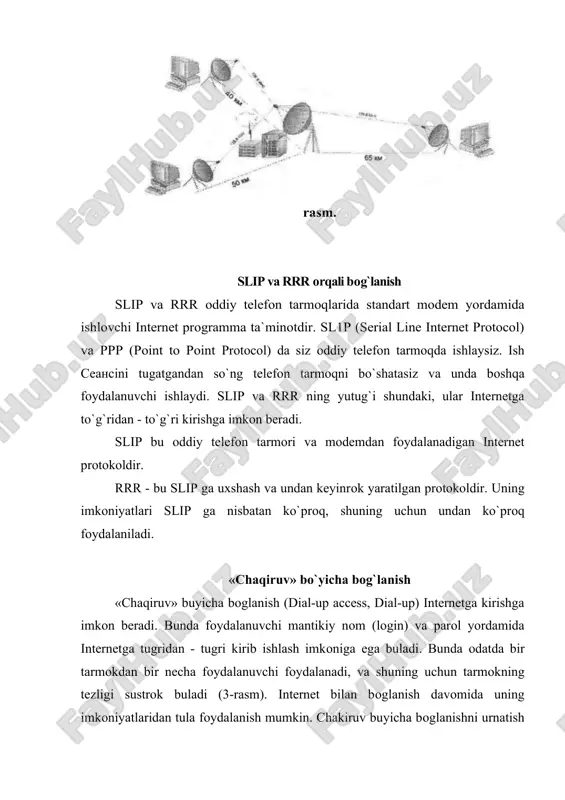 nda internet ximatini ko`rsatuvchi provayderlardan biri bo`lgan "sarkor-telekom" orqali siz internetga ulanmoqchisiz. buning uchun siz avvalo kompyuteringizdagi windows-98 operatsion tizim tarikibiga kiruvchi "udalenno’y dostup k seti" ("masofadan tarmoqqa kirish") standart dasturi yordamida kompyuteringizni provayder serveriga avtomatik ravishda ulanish uchun sharoit yaratib olishingiz kerak. buning uchun siz quyidagilarni bajarishingiz lozim: 1. windows-98 ishchi stolidan "moy kompyuter" belgisini izlab topasiz va "sichqoncha" ning chap tugmachasini ketma-ket ikki marta bosasiz. natijada kompyuter ekranida "moy kompyuter" darchasi ochiladi (rasm). 2. ekranda paydo bo`lgan "moy kompyuter" darchasidan "udalenniy dostup k seti" belgisini izlab topasiz va "sichkoncha" ning chap tugmachasini ketma-ket ikki marta bosasiz. natijada kompyuter " udalenniy dostup k seti" darchasi paydo bo`ladi (5-rasm). rasm 3. ushbu papkada "novoe soedinenie" yozuvi va belgisi ("znachogi") ni izlab topasiz. agar olindan bog`lanishlar tashkil etilgan bo`lsa, u xolda bu papkada yana qo`shimcha bir nechta "znachoklar" bo`lishi mumkin. 4. " novoe soedinenie " belgisida "sichkoncha" chap tugmachasini yana ketma-ket …