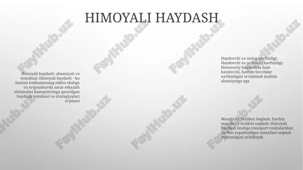 hun himoya haydash texnikasini mashq qiling avtotransportda favqulodda vaziyatlar uchun jihozlar: har bir haydovchi uchun zaruriy shartlar: yong'in o'chirgichlar, birinchi tibbiy yordam to'plamlari, aks ettiruvchi jiletlar, o'tish kabellari va zaxira shinalar avtomashinadagi favqulodda vaziyatlar uchun juda muhimdir. ularga osongina kirish mumkin bo'lgan joyda saqlang. haydovchi xavfsizligi: xavfsizlik kamarlari hayotni saqlaydi: haydashdan oldin har doim xavfsizlik kamaringizni mahkamlang. maksimal xavfsizlik uchun barcha yo'lovchilar bog'langanligiga ishonch hosil qiling birinchi yordam bilimi birinchi yordam bilimlari:- umumiy favqulodda vaziyatlarni tan olish va ularga javob berish.- asosiy jarohatni parvarish qilish, cpr va aeddan foydalanish. haydovchi va uni nishonlig:- xavfsiz haydash amaliyotlari, shu jumladan himoyaviy haydash va chalg'ituvchi omillardan qochish.- avtomobilga texnik xizmat ko'rsatish va yo'l harakati xavfsizligi. birinchi yordam va yo'l harakati xavfsizligi:- yo'l-transport hodisalarida birinchi yordam bilimlarining ahamiyati.- jabrlangan shaxsni qanday baholash va asosiy birinchi yordamni ko'rsatish. e'tiboringiz uchun rahmat @taqdimot_robot image13.png image12.png /docprops/thumbnail.jpeg