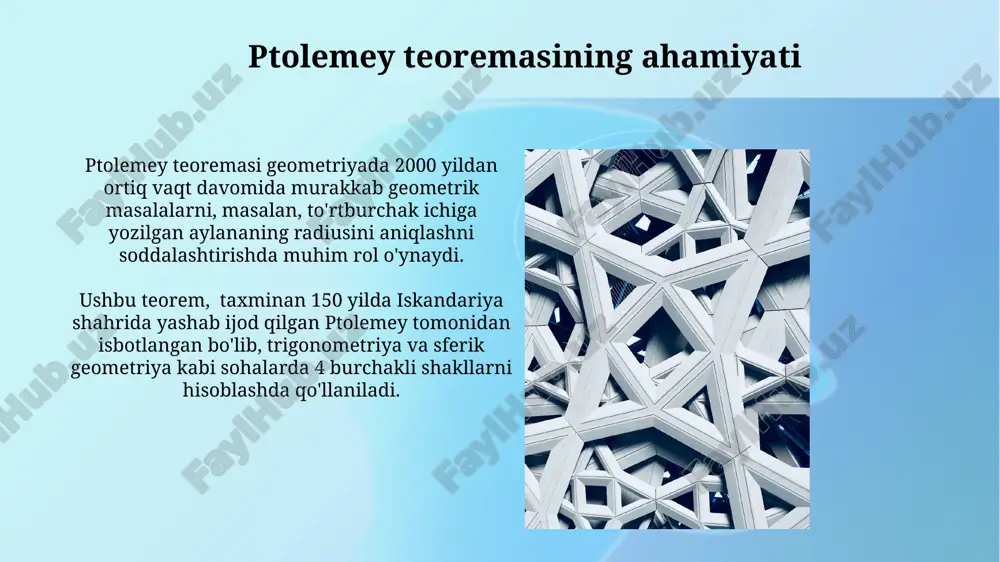 alar tushunchasi ptolemy teoremasi yordamida 15-asrda samarqanddagi astronomlar ichki xordalar uzunliklarini hisoblash orqali murakkab geometrik masalalarni, xususan, sayyoralar harakatini aniqlashda foydalanishgan. ichki xordalar tushunchasi evklid geometriyasida 2 dan ortiq nuqtalarni bog'laydigan kesmalarni tavsiflaydi. bu xordalar to'rtburchakning diagonalini hosil qiluvchi kesishuv nuqtalariga bog'liq va ularning uzunliklari teoremadan kelib chiqadi. e'tiboringiz uchun rahmat @taqdimot_robot image2.jpg image3.jpg image4.jpg image5.jpg image6.jpg image7.jpg image8.jpg image9.jpg image10.jpg image11.jpg image12.jpg image13.jpg image14.jpg image15.jpg image16.jpg image17.jpg image18.jpg image1.png