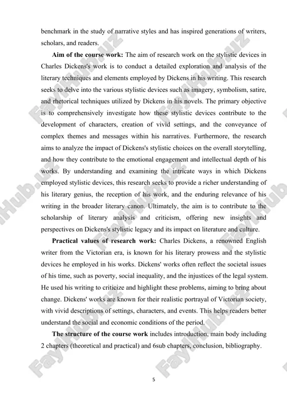 aders better understand the social and economic conditions of the period. the structure of the course work includes introduction, main body including 2 chapters (theoretical and practical) and 6sub chapters, conclusion, bibliography. 6 chapter i. stylistic devices in charles dicken’s novels 1.1. use of imagery and symbolism charles dickens is widely regarded as one of the most important and influential authors in english literature. his works are known for their vivid descriptions, complex characters, social commentary, and intricate plots. among the key elements contributing to the unique quality of his storytelling are the stylistic devices he employs. these devices play a significant role in engaging readers and conveying the depth and meaning of his narratives. dickens's use of imagery is a central component of his style. his detailed descriptions of settings and characters create a vivid sense of place, allowing readers to visualize the world in which the stories unfold. …