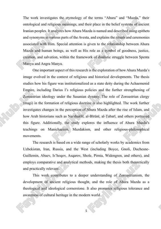 ant. this work contributes to a deeper understanding of zoroastrianism, the development of ancient religious thought, and the role of ahura mazda as a theological and ideological cornerstone. it also promotes religious tolerance and awareness of cultural heritage in the modern world. keywords: ahura mazda, zoroastrianism, avesta, spenta manyu, angra manyu, achaemenids, sasanians, zoroastrian ideology, religious dualism, islam, manichaeism, mazdakism, historical evolution. m u n d a r i j a kirish .................................................................................................... 8-11 i- bob. avestaning shakllanish tarixi va ahura mazda kultining paydo bo‘lishi 12 i.1-§. avestaning umumiy tavsifi va uning diniy-falsafiy mazmuni ..…... 12-22 i.2-§. ahura mazda obrazi va uning ilk diniy an’analardagi ifodalanishi ……………………………………………………… 23-28 i.3-§. ahura mazda konsepsiyasining zardusht ta’limotidagi shakllanishi……………………………………………………… 29-34 ii- bob. avestada ahura mazda obrazining lingvistik va semantik tahlili 35 ii.1-§. avestaning asosiy tillaridagi ahura mazda nomi va atamalar tizimi …………………………………………………............................. 35-40 ii.2-§. ahura mazda obrazining mifologik va diniy funksiyalari ………………………………………………………………….............. 41-46 ii.3-§. …