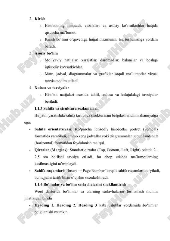 va o‘zgartirish imkonini beradi. · templates va themes yordamida ranglar, shriftlar va sarlavhalar bir xilda saqlanishi mumkin. · hujjatni yaratishda autosave va version control funksiyalari bilan ishlash, noto‘g‘ri o‘zgartirishlar yoki ma’lumot yo‘qolishini oldini oladi. hujjat sarlavhasi, sana, kompaniya nomi va hisobot turi kiritiladi. hujjatni tuzishda quyidagi elementlarga e'tibor qaratish lozim: · hujjatning sarlavhasi va bo‘limlari aniq va qisqa bo‘lishi. · sahifa tartibi (portret yoki landshaft) vazifaga mos tanlanishi. · hujjat strukturasining mantiqiyligi: kirish, asosiy qism, xulosa. 1.2 matn va jadvallarni formatlash iqtisodiy hisobotlarda matn ko‘pincha izohlar, tavsiyalar va moliyaviy natijalarni o‘z ichiga oladi. matnni formatlash quyidagicha amalga oshiriladi: · shrift va o‘lcham: asosiy matn uchun odatda times new roman yoki calibri shrifti, 12 pt o‘lcham tavsiya etiladi. · qalin va kursiv yozuvlar: muhim raqamlar yoki bo‘lim sarlavhalarini ajratish uchun ishlatiladi. · jadvallar: moliyaviy ko‘rsatkichlarni taqdim etishda wordning “insert table” funksiyasidan foydalanish mumkin. jadval ustunlari va satrlari ma’lumotlarni aniq ko‘rsatishi uchun …
