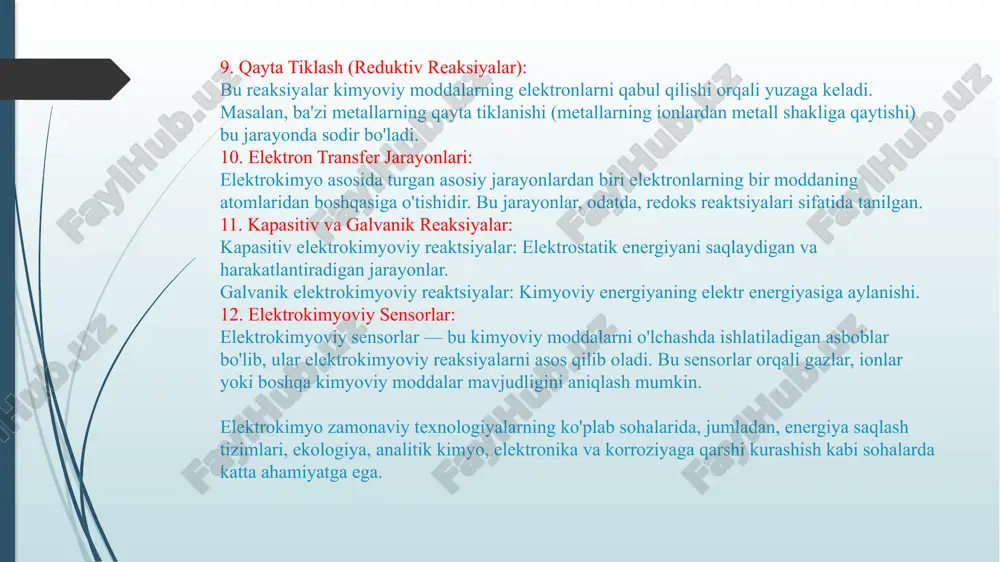 o'ladi: bu yerda: — standart elektrod potensiali, — gazning umumiy doimiysi, — harorat (kelvin), — elektronlar soni, — faradey konstantasi, — reaksiyaning masalaviy muvozanati. 9. eritmadagi elektrokimyoviy o'lchovlar: eritmalarni o'lchashda elektrokimyoviy vositalar, masalan, ph-metrlar, elektrodlar va galvanik hujayralardan foydalaniladi. bu o'lchovlar yordamida ionlarning konsentratsiyasini va boshqa elektrokimyoviy o'zgarishlarni aniqlash mumkin. eritmada sodir bo'ladigan elektrokimyoviy jarayonlar, asosan, ionlarning o'zgarishi, oksidlanish-reduktsiya reaksiyalari, elektroliz, galvanik hujayralar va korroziya kabi jarayonlarni o'z ichiga oladi. bu jarayonlar turli sohalarda — energiya ishlab chiqarish, materiallar ilmiy tadqiqotlari, ekotexnologiya, korroziya muammolarini hal qilish va boshqalar kabi muhim amaliy qo'llanmalarga ega. suyuqlanmalarda bo'ladigan elektrokimyoviy jarayonlar — bu suyuqlik holatidagi moddalarda yuzaga keladigan kimyoviy reaksiyalar va jarayonlar, odatda, eritmalarda yoki elektrohidratlarda sodir bo'ladi. suyuqlanmalarda bo'ladigan jarayonlar ko'plab ilmiy va texnologik sohalarda muhim ahamiyatga ega. quyida suyuqlanmalarda sodir bo'ladigan asosiy jarayonlar va tushunchalar haqida batafsil ma'lumot keltiraman: 1. oksidlanish va reduktsiya (redoks) reaksiyalari: eritmalarda elektrokimyoviy jarayonlar ko'pincha oksidlanish-reduktsiya (redoks) reaksiyalari …
