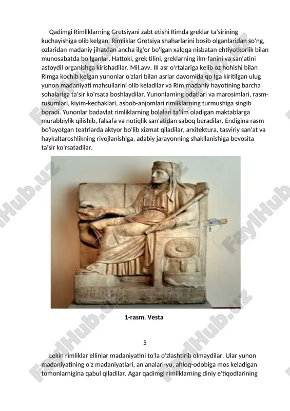 ng oila va ro'zg'or homiysi ma'buda vestani ilohiylashtirganlar. shu boisdan vestaga atab rim forumida ibodatxona qurilgan. shuningdek, qadimgi rimliklar etrusk qabilalarining bosh xudosi yupiterga ham e'tiqod qilganlar. so'ngra yunonlarning diniy e'tiqodlari ta'siri ostida o'z xudolari panteonini yaratadilar. ular ham qadimgi yunonlar singari tabiatning har bir hodisasi, har bir narsasining oz homiysi mavjud degan tasavvurlarga ega bolganlar. qadimgi rimliklarning xudolari panteoni quyidagi korinishdan iborat bo'lgan. avrora-tong yogdusi ma'budasi; amur-sevgi xudosi; bellona-urush ma'budasi; vakh uzumchilik, vino va xursandchilik xudosi; venera-bahor, so'ngra sevgi, go'zallik va nikoh ma'budasi; vesta-oila mabudasi; viktoriya-g'alaba ma'budasi; vulkan-olov va olov bilan bog'liq; bo'lgan temirchilik, kasb-xunarlar xudosi; diana-ov ma budasi; neptun oqar suvlar, so'ngra dengiz xudosi; pluton-er osti dunyosi, o'liklar saltanati hukmdori; saturn-ekinlar xudosi, dehqonlar homiysi; silvan-o'rmonlar va podalar homiysi; favn-otloqlar, o'simliklar va dalalar hukmdori; flora-gullar va bahor ma'dubasi; fortuna-taqdir va baxt ma'budasi; yunona-ayollar homiysi; yupiter-osmon xudosi; furiyalar-intiqom va vijdon azobi ma'budalar va h.k. mil.avv.ii asrdan e'tiboran rimda sharq xudolariga …