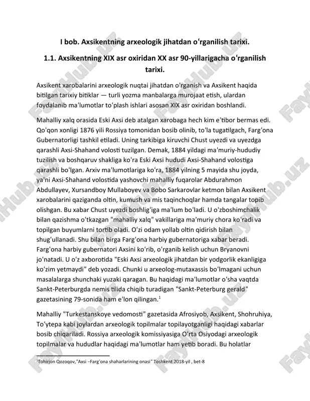 , farg‘ona vodiysi va imkoni bo‘lsa buxoroda qazishma ishlarini o‘tkazish vazifasi yuklatiladi. u axsikentga 1885 yilda yetib keladi. shu tariqa axsikentni arxeologik jihatdan birinchi bor o‘rganish 1885 yildan boshlandi. n.i. veselovskiy axsikentning besh joyida qazishma ishlarini o‘tkazdi. sopol buyumlar, tangalar, uy-ro‘zg‘or ashyolari topildi. aholi qo‘lidagi topilmalarni ham yig‘ishtirib olindi va barcha arxeologik materiallar toshkent muzeyiga jo‘natildi. n.i. veselovskiy tuzgan hisobotida topilgan narsalar muhimligi ko‘rsatilgan bo‘lsa-da, ammo qazishma ishlarining rejasi ko‘rsatilmagan. topilgan ashyolar sistemalashtirilmagan va davrlashtirilmagan. bunga o‘sha paytda turkistonda arxeologik qazishma ishlari endi boshlanayotganligi, topilmalarni aniqlash va davrlashtirishning maxsus yo‘llanma va ko‘rsatmalari ishlab chiqilmaganligi sabab bo‘lgan bo‘lishi mumkin.[footnoteref:2] [2: anorboyev a. “axsikent-stolitsa drevney fergani” toshkent tafakkur 2013-yil bet-337] axsiketnining tarixini qayta tiklashda albatta v. bartoldning ahamiyati katta bo‘lganligi qayd eytib o‘tishimiz darkor. x asrda arab geograflari ibn xavqal va muqaddasiy asarlarida mavjud shahar haqidagi maʼlumotlarni rus tiliga tarjima qilishga muvaffaq bo‘lgan olim axsikent shahrida qal’a, shahariston, raboddan iborat bo‘lganligini, qoʻrgʻon …