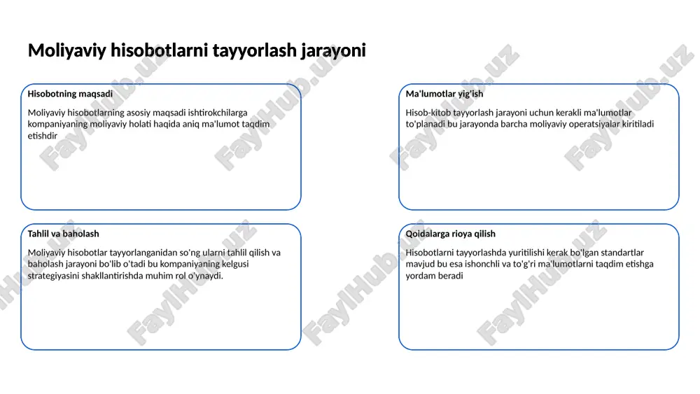 tirish uchun muhimdir. bu jarayon xarajatlar, daromadlar va aktivlarni hisobga olishni o'z ichiga oladi. keng ko'lamli axborot to'plash orqali tashkilotning iqtisodiy barqarorligi baholanadi. buxgalteriya hisobi va moliyaviy boshqaruv moliyaviy boshqaruv moliyaviy boshqaruv resurslarni samarali taqsimlash va ulardan foydalanish asosida tashkil etiladi. bu yuqori samaradorlikka erishish uchun rejalashtirish va tahlil qilish jarayonlarini o'z ichiga oladi. moliyaviy strategiyalarni aniqlash uchun to'g'ri ma'lumot yig'ish zarur. buxgalteriya hisobi va moliyaviy boshqaruv integratsiya ahamiyati buxgalteriya hisobi va moliyaviy boshqaruv o'rtasidagi integratsiya tashkilotning umumiy boshqaruv tizimining samaradorligini oshiradi. bu jarayon moliyaviy hisobotlarning aniq va o'z vaqtida bo'lishini ta'minlaydi. integratsiya qilish investitsiya va qarorlar qabul qilishda yordam beradi. buxgalteriya hisobi va moliyaviy boshqaruv ijtimoiy va iqtisodiy ta'sir buxgalteriya hisobi va moliyaviy boshqaruv birgalikda ijtimoiy va iqtisodiy ta'sirlarni rivojlantirishga yordam beradi. bu tashkilotning barqarorligi va raqobatbardoshligini oshiradi. o'zaro bog'liq jarayonlar iqtisodiy natijalarni yaxshilashga yordam beradi. 12 hisob-kitoblar bo'yicha hisobotlar tayyorlash hisobotlar turlari hisob-kitoblar bo'yicha bir nechta turli hisobotlar …