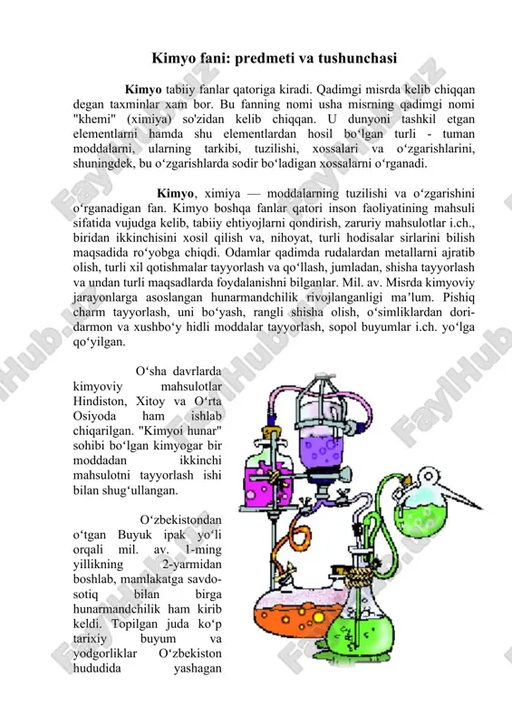 er qaʼrida quruq bogʻlanishdan oltingugurt ("metallar otasi"), nam bugʻlanishdan esa simob ("metallar onasi") paydo boʻladi degan fikrni aytadi. ularning turli xil nisbatlarda birikishidan oltin, kumush, mis, temir, qalay, qoʻrgʻoshin, shisha hosil boʻladi. shu asnoda oddiy metallarni nodir metallarga oʻtkazish haqida maʼlumotlar beriladi. "element" tushunchasiga koʻra, oltingugurt — yonuvchanlik, simob — uchuvchanlik, tuz esa eruvchanlikni bildiradi. shunga koʻra, bu moddalar turining kashf qilinishi asosiy fikr boʻldi. olimning izdoshlaridan boʻlgan abu nasr forobiy oʻzining "us todi soniy" asarida alkimyo ilmining yoʻnalishini maʼqullaydi. sharq allomalaridan abu bakr ap-roziy "sirlar kitobi"da alkimyo maʼlum boʻlgan moddalarni oʻrganish, asbob-uskunalarni yigʻish va foydalanish hamda tajribalar oʻtkazishni keltiradi. roziy oʻz asarida oʻngacha maʼlum boʻlgan moddalarni tasniflab, asbob va tajribalarni maʼlum bir tizimga solgan. abu abdullo al-xorazmiyning "bilimlar kaliti" kitobida kimyoga alohida boʻlim ajratilib, unda turli moddalar, asboblar, tajribalar toʻgʻrisida mukammal maʼlumotlar keltirilgan. abul hakim al-xorazmiy esa alkimyo fani tajribalarida qoʻllanilgan taroziga ahamiyat beradi. al-haziniy tomonidan 1125 y.da yozilgan …