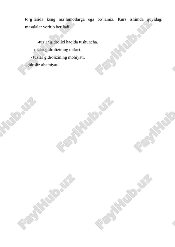 da eriganda, na+ va ch3coo- ionlariga batamom dissosialanadi. nazariy jihatdan qaraganda, bu ionlar suv ionlari bilan birikib, ekvivalent miqdorda o’yuvchi natriy va sirka kislota hosil qilishi mumkin edi; biroq o’yuvchi natriy kuchli asos bo’lganidan, natriy ionlari suvning gidroksil ionlari bilan mutlaqo birikmaydi. buning aksicha sirka kislota juda kuchsiz kislota bo’lganidan ch3coo- ionlari eritmada suvning vodorod ionlari bilan uchrashganda ular bilan darhol birikadi va ch3cooh molekulalarini hosil qiladi. eritmada vodorod ionlarining kamayishi suv molekulalari bilan uning ionlari o’rtasidagi muvozanatni buzadi va suvning dissosialanishiga sabab bo’ladi; yangi vodorod ionlari hosil bo’ladi, bular ham, o’z navbatida, asetat- ionlar bilan birikib sirka kislota molekulalariga aynaladi va hokazo, shu bilan bir vaqtda eritmada gidroksil ionlarining soni ortadi. biroq reaksiya shu yo’nalishda uzoq davom etmaydi. suvning ion ko’paytmasi [h,] . [oh] = 10 -14 o’zgarmas kattalik bo’lganidan, gidroksil ionlari to’plangan sari vodorod ionlarining konsentratsiyasi kamaya boradi va tez orada shu qadar ozayib ketadiki bu ionlarning ch3coo- …