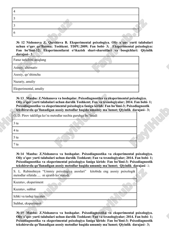 uvchilarni tanlash: qiyinlik darajasi– 1; eksperiment o’tkazishdagi mustaqil ko’rsatkichning ta’sirini aks ettiradigan faoliyatning ba’zi jihatlaridan biri – bu... tobe ko’rsatkich ko’rsatkichlar miqdoriy ko’rsatkich sifat ko’rsatkichi №18 manba: z.nishanova va boshqalar. psixodiagnostika va eksperimental psixologiya. oliy o’quv yurti talabalari uchun darslik toshkent; fan va texnologiyalar; 2014. fan bobi- 3; eksperimental psixologiya: fan bo’limi-19; eksperiment natijalari tahlili: qiyinlik darajasi– 3; o’rtacha arifmetik qiymat, moda va mediana qanday o’lchov turlari hisoblanadi? markaziy an’analar o’zgaruvchanlik o’lchovi;o’lchovi o’zaro aloqalar o’lchovi omilli tahlil; № 19 manba: z.nishanova va boshqalar. psixodiagnostika va eksperimental psixologiya. oliy o’quv yurti talabalari uchun darslik toshkent; fan va texnologiyalar; 2014. fan bobi- 2; psixodiagnostika. fan bo’limi-8; shaxs psixodiagnostikasi; qiyinlik darajasi– 2; g.yu.ayzenk metodikasi qanday shkalalardan iborat ekstraversiya-introversiya, neyrotizm, yolg’on psixotizm, nevrotizm, depressiya ijtimoiy dadillik, shizotimiya, ijtimoiy dadillik, shizotimiya, № 20 manba: z.nishanova va boshqalar. psixodiagnostika va eksperimental psixologiya. oliy o’quv yurti talabalari uchun darslik toshkent; fan va texnologiyalar; 2014. fan bobi- 3; …