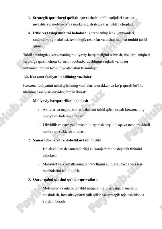lanadi. masalan, joriy likvidlik koeffitsienti va tezkor likvidlik koeffitsienti. · rentabellik ko‘rsatkichlarini tahlil qilish: sof foyda, aktivlarning rentabelligi, kapitalning rentabelligi orqali korxona samaradorligi baholanadi. · moliyaviy nisbiy ko‘rsatkichlar: aktivlar va qarzlar nisbati, qarz yuklamasi va kapital strukturasini o‘rganish orqali korxona moliyaviy riskini aniqlash mumkin. 2. iqtisodiy tahlil usullari iqtisodiy tahlil korxonaning ishlab chiqarish jarayonlarining samaradorligini, mahsulot tannarxi va foydani optimallashtirishni baholashga xizmat qiladi. asosiy yo‘nalishlari: · mahsulot tannarxini tahlil qilish: xomashyo, ish haqi va boshqa xarajatlar asosida mahsulot birligi narxi aniqlanadi. · ishlab chiqarish samaradorligi: ishchi va texnika vositalarining ishlash samaradorligi, ishlab chiqarish quvvati va ishlab chiqarilgan mahsulot hajmi o‘rganiladi. · resurslardan foydalanish samaradorligi: energiya, xomashyo, moliyaviy va inson resurslarining optimal ishlatilishini aniqlash. · rentabellik tahlili: har bir mahsulot yoki xizmatning foydali yoki zararli ekanligi baholanadi. 3. statistik va kvantitativ usullar bu usullar korxona faoliyatining raqamli va sifatli ko‘rsatkichlarini ilmiy asosda tahlil qilishga imkon beradi. asosiy yo‘nalishlari: · tendensiyalarni tahlil …