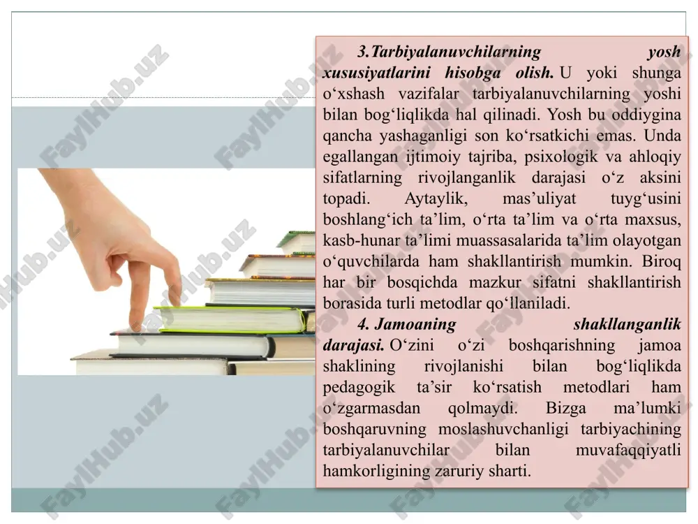 at faoliyatini oʻrgatishda oʻquvchilarning xulq-atvor qoidalarini, ularda kun tartibi aniq boʻlishi muhimligini, ularga oʻquvchilarning qat’iy tartibga amal qilishi zarurligini tushuntirish metodidan foydalanadi. tushuntirish bilan bir qatorda sinfga toʻgʻri kirib kelishga, ularni oʻqituvchi va oʻquvchilar bilan salomlashishga, tartib-intizomni saqlashga mashq qildirib boradi. shuning bilan birgalikda birinchi sinf oʻquvchilarini yuqoridagi jarayonlarga dars vaqtida odatlantirib boradi. bu jarayonda ularning amalga oshirgan ijobiy ishlari, oʻquv ishi natijalari ragʻbatlantirib borishni taqozo etadi. koʻrinib turibdiki, oʻqituvchi oʻquvchilar bilan tarbiya jarayonini olib borganda turli xil usul va metodlarni qoʻllaydi. tarbiya metodlarining xilma-xilligi ularni turlarga ajratish, tasnif qilish zarurligini koʻrsatadi. shuning uchun ularning alohida xususiyatlarini hisobga olib guruhlarga ajratish mumkin. tarbiyaviy natijalarga erishishni istagan har bir oʻqituvchi (tarbiyachi) tarbiya metodlari va ularning mohiyatini puxta oʻzlashtirib olish maqsadga muvofiqdir. farzandlarimizning kelajakda komil inson boʻlib yetishishlarida oila va jamiyatda yaxshi tarbiya olishning oʻrni beqiyosdir. ota-ona, ustoz-murabbiylar, rahbar va yoshi kattalar qancha madaniyatli, odobli boʻlsa, shu jamiyat va muhitda oʻsayotgan shaxslar …