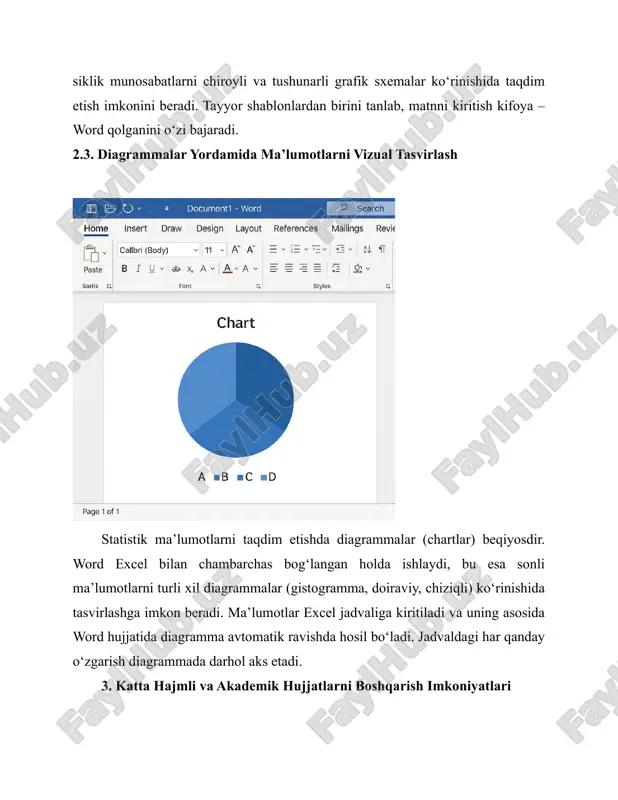 lo (qizil to‘lqinli chiziq) va grammatik (ko‘k to‘lqinli chiziq) xatolarni aniqlab boradi. bu vosita nafaqat xatoliklarni topadi, balki ularni tuzatish uchun to‘g‘ri variantlarni ham taklif qiladi. shuningdek, o‘rnatilgan tezaurus yordamida so‘zlarning sinonimlarini topib, matnning boy va rang-barang chiqishiga yordam beradi. 4.2. xat jildlash (mail merge) imkoniyati bu – word’ning eng foydali avtomatlashtirish vositalaridan biridir. tasavvur qiling, siz yuzlab odamlarga bir xil mazmundagi, lekin har biriga alohida ism-sharifi va manzili bilan murojaat qilingan taklifnomalar yuborishingiz kerak. mail merge aynan shu vazifa uchun mo‘ljallangan. bitta asosiy shablon (taklifnoma matni) va ma’lumotlar manbasi (masalan, ismlar va manzillar ro‘yxati solingan excel jadvali) yordamida word avtomatik ravishda har bir qabul qiluvchi uchun shaxsiylashtirilgan hujjatlarni yaratadi. bu soatlab vaqtni tejaydi. 4.3. andozalar (templates) asosida hujjatlarni tezkor yaratish har safar yangi hujjatni noldan boshlash shart emas. word rezyume, hisobot, tijoriy taklif, kalendar kabi turli maqsadlar uchun mo‘ljallangan yuzlab professional dizayndagi tayyor andozalarni (shablonlarni) taklif etadi. foydalanuvchi o‘ziga …