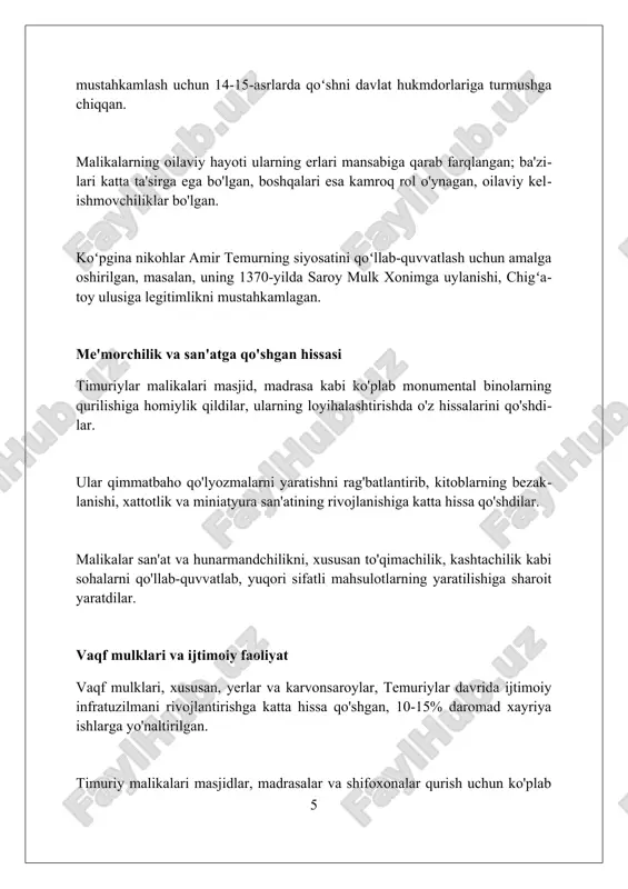 a amir temur davrida temuriylar malikalari siyosiy va ijtimoiy hayotda muhim rol o'ynagan, imperiyaning rivojlanishiga sezilarli hissa qo'shgan. foydalanilgan adabiyotlar 1. bartold, v. v. o'rta osiyo turk xalqlari tarixi. toshkent: o'zbekiston, 2001. 2. klavixo, rui gonsales de. samarqandga amir temur huzuriga sayohat kundaligi (1403-1406). toshkent: o'zbekiston fanlar akademiyasi, 1990. 3. mants, beatris forbs. temurlar davridagi hokimiyat va jamoatchilik. london: i.b 0 0 0 7