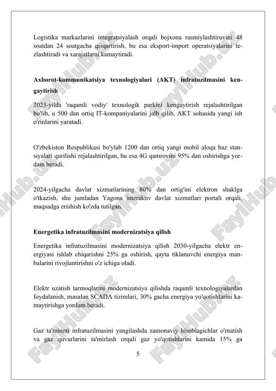 aziladi, bu esa masofaviy ta'lim imkoniyatlarini kengaytiradi va xarajatlarni kamaytiradi. 2023-2026-yillarda 5 ta yangi kasb-hunar kolleji ochiladi, ularning asosiy maqsadi talabalarni mehnat bozorining o'zgaruvchan ehtiyojlariga moslashtirish va 75% ish bilan ta'minlash. har yili 1500 nafar mutaxassis xorijiy universitetlarda stajirovkadan o'tadi, bu esa ilg'or texnologiyalarni o'zlashtirish va o'zbekistonda innovatsion loyihalarni amalga oshirishga yordam beradi. kutilayotgan natijalar va istiqbollar raqamli infratuzilmani rivojlantirish orqali, 2026 yilga borib, elektron tijorat hajmini 50% ga oshirish, shuningdek, innovatsion startaplar uchun qulay muhit yaratish kutilmoqda. logistika markazlarini modernizatsiya qilish va yangi transport yo'laklarini ishga tushirish orqali, tranzit salohiyatini 30% ga oshirish, eksport hajmini sezilarli darajada ko'paytirish rejalashtirilgan. energetika infratuzilmasini diversifikatsiya qilish, qayta tiklanadigan energiya manbalari ulushini 25% ga yetkazish orqali energiya xavfsizligini mustahkamlash va uglerod izini kamaytirish maqsad qilingan. xulosa o'zbekistonda rivojlangan infratuzilmani yaratish bo'yicha bozor infratuzilmasini takomillashtirish iqtisodiy o'sish va raqobatbardoshlikni oshirish uchun muhim ahamiyatga ega. foydalanilgan adabiyotlar 1. o'zbekiston respublikasi prezidentining "o'zbekiston respublikasining 2022-2026 yillarga …