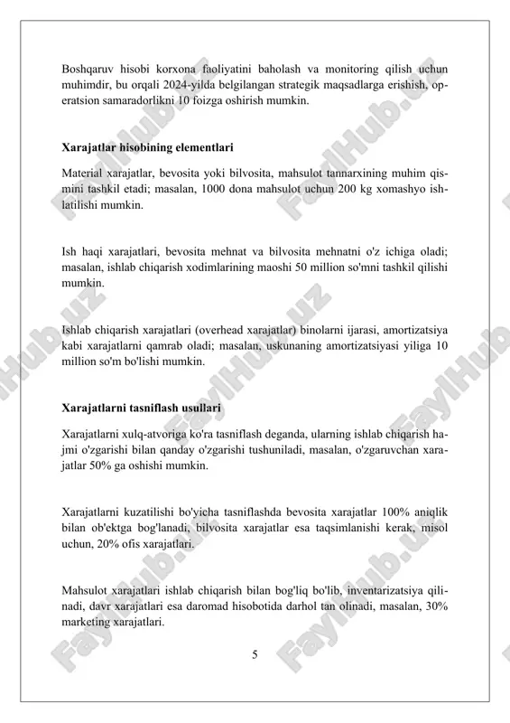 di, bu esa resurslarni 90% samaraliroq taqsimlashga yordam beradi. o'rganish shuni ko'rsatadiki, xarajatlar hisobining to'g'ri qo'llanilishi orqali kompaniyaning operatsion xarajatlarini kamida 15% kamaytirish, mahsulot tannarxini aniq belgilash va rentabellikni oshirish mumkin. xulosa xulosa qilib aytganda, boshqaruv hisobida tannarx hisobi qaror qabul qilish va resurslarni boshqarish uchun muhim ma'lumotlar beradi. foydalanilgan adabiyotlar 1. horngren, c. t., datar, s. m., rajan, m. (2018). xarajat hisobi: boshqaruv qarorlari uchun urg'u. pearson. 2. hansen, d. r., mowen, m. m., heitger, d. l. (2018). boshqaruv hisobi. cengage learning. 3. garrison, r. h., noreen, e 0 0 0 7
