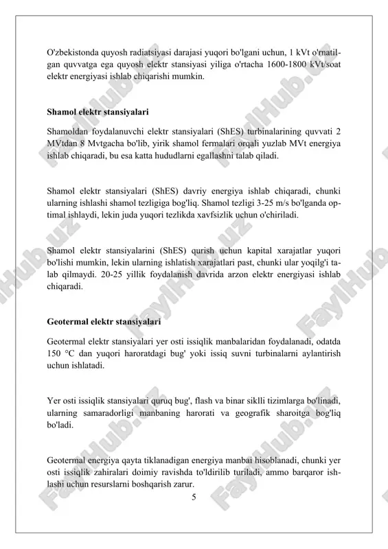 stansiyalarining kapital xarajatlari, masalan, qurilish va uskunalar, umumiy investitsiyalarning 60-80 foizini tashkil etadi, bu esa tariflarni belgilashda muhim omil hisoblanadi. yoqilg'i sarfi, ayniqsa issiqlik elektr stansiyalarida, energiya ishlab chiqarishning o'zgaruvchan xarajatlarining 40-60 foizini tashkil qiladi, narxlar bozorda sezilarli ta'sir ko'rsatadi. texnik xizmat ko'rsatish xarajatlari, jumladan, ish haqi va ta'mirlash, elektr stansiyalarida yillik operatsion xarajatlarning taxminan 10-20 foizini tashkil etadi, samarali boshqaruv talab etiladi. kelajak tendentsiyalari va innovatsiyalar modular yadro reaktorlari (smr) kelajakda 300 mvt elektr energiyasini ishlab chiqarishga qodir, bu esa katta miqyosdagi ishlab chiqarishni sezilarli darajada qisqartiradi. qayta tiklanadigan energiya manbalari (quyosh, shamol) bilan birgalikda energiya saqlash tizimlari (batareyalar, vodorod) 2030-yilga kelib 50% ga ko'payishi kutilmoqda. sun'iy intellekt (si) asosida ishlaydigan optimallashtirish tizimlari quvvat zavodlarida samaradorlikni 15% ga oshirishi va ishlamay qolish vaqtini kamaytirishi mumkin. xulosa energiya manbalarining xilma-xilligi, atrof-muhitga ta'siri va samaradorligini inobatga olgan holda, optimal quvvatlantirish manbasini tanlash muhim ahamiyatga ega. foydalanilgan adabiyotlar 1. energiya manbalari bo'yicha …
