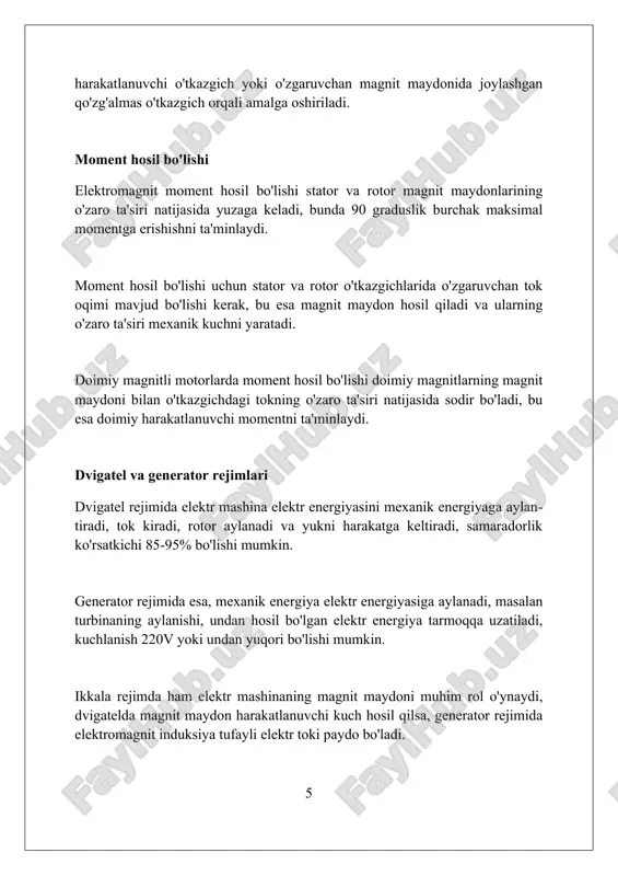 shinalari uchun sovutish tizimlari odatda 3 asosiy turga bo'linadi: havo bilan sovutish (tabiiy yoki majburiy ventilyatsiya), suyuqlik bilan sovutish va vodorod bilan sovutish, samaradorlik 95-98% gacha bo'lishi mumkin. sovutish tizimlarining asosiy vazifasi - elektr mashinasining izolyatsiyasini buzilishidan saqlash, chunki haddan tashqari qizish izolyatsiya materiallarining xususiyatlarini o'zgartirishi mumkin, optimal harorat 40-60°c bo'lishi kerak. xulosa xulosa qilib aytganda, elektromagnit induksiya printsipi asosida ishlovchi mashinalar, masalan, generatorlar va motorlar, elektr energiyasini mexanik energiyaga yoki aksincha o'zgartiradi. umumiy tuzilishda stator (harakatsiz qism) va rotor (harakatlanuvchi qism) mavjud bo'lib, ular orasidagi magnit maydon energiyani uzatishda muhim rol o'ynaydi, samaradorlik 85-95% gacha bo'lishi mumkin. elektrotexnika mashinalarining ishlash prinsipi faradey qonuniga asoslangan bo'lib, unda o'zgaruvchan magnit maydon elektr kuchlanishni hosil qiladi va bu jarayon mashinaning 50 hz yoki 60 hz chastotada ishlashiga imkon beradi. xulosa elektrik mashinalar umumiy tuzilishi va ishlash prinsipi elektromagnit induksiya asosida energiya konvertatsiyasini amalga oshiradi, rotor va statordan iborat. foydalanilgan adabiyotlar 1. chapman, …