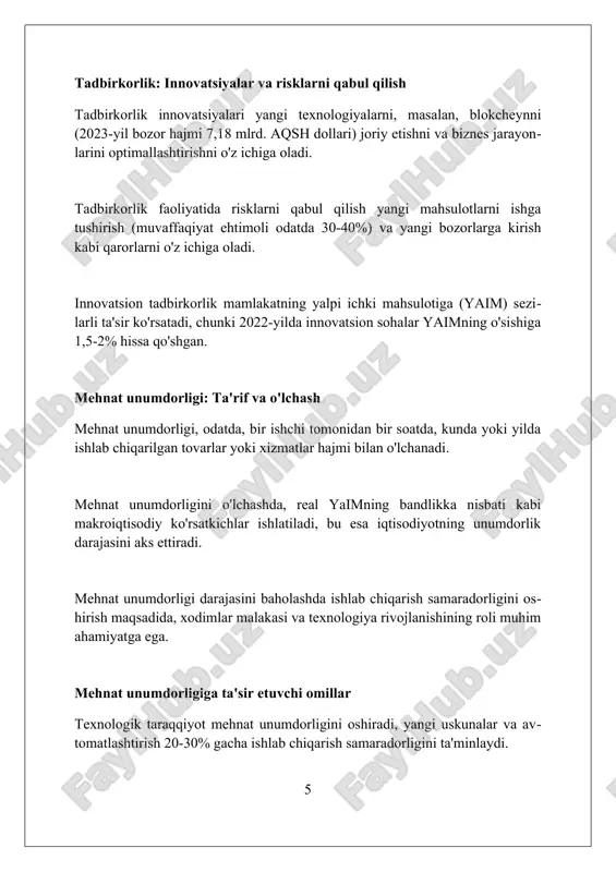 larini ishlab chiqish kerak. mehnat unumdorligini rag'batlantirish maqsadida soliq imtiyozlari va subsidiyalar kabi iqtisodiy siyosat choralarini qo'llash, yaim o'sishiga 10-12% hissa qo'shadi. xulosa ishlab chiqarish va uning omillari, mehnat unumdorligi iqtisodiy o'sish omili sifatida muhim ahamiyatga ega. mehnat unumdorligini oshirish iqtisodiy rivojlanishni ta'minlaydi. foydalanilgan adabiyotlar 1. o'zbekiston respublikasi prezidentining 2022 yil 28 yanvardagi pf-60-son farmoni "2022-2026 yillarga mo'ljallangan yangi o'zbekistonning taraqqiyot strategiyasi to'g'risida". 2. soliyev, a.s. (2017). iqtisodiyot nazariyasi. toshkent: tdiu. 3. xodjayev, a. (2019). ishlab chiqarish omillari va ularning samaradorligi. iqtisodiy sharh, (3), 45-52 0 0 0 7