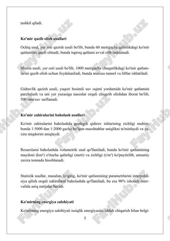 qindilarini kamaytirish maqsadlariga erishishga yordam beradi. koʻmirning kelajakdagi istiqbollari uglerodni ushlash va saqlash (ccs) texnologiyalari bilan bogʻliq, bu esa koʻmir elektr stansiyalarining atrof-muhitga taʼsirini 90% gacha kamaytirish imkonini beradi. xulosa va asosiy xulosalar ko'mir zahiralarining global taqsimlanishi nomutanosib, osiyo 68% ulushga ega, bu esa energiya xavfsizligi va importga bog'liqlik masalalarini keltirib chiqaradi. ko'mir qazib olish va undan foydalanish ekologik ta'sirga ega; karbonat angidrid (co2) emissiyasi va yerning degradatsiyasi asosiy xavotirlar bo'lib qolmoqda. texnologik taraqqiyot (uglerodni ushlash kabi) ko'mir energetikasining kelajagini belgilaydi, bu esa ekologik ta'sirni minimallashtirish va samaradorlikni oshirishga qaratilgan. xulosa ko'mir energiya zaxiralari hali ham muhim rol o'ynaydi, ammo ularni ishlatish atrof-muhitga ta'sirini kamaytirish va barqaror alternativalarni izlash zarur. foydalanilgan adabiyotlar 1. jahon energetika kengashi. (2022). ko'mir manbalari. london. 2. xalqaro energetika agentligi. (2023). ko'mir bozoriga oid hisobot. parij. 3. aqsh energetika ma'lumotlar boshqarmasi. (2024). ko'mir. vashington, dc. 4. bp. (2023). jahon energetika statistikasi ko'rib chiqilishi. london. 5. geosciences …