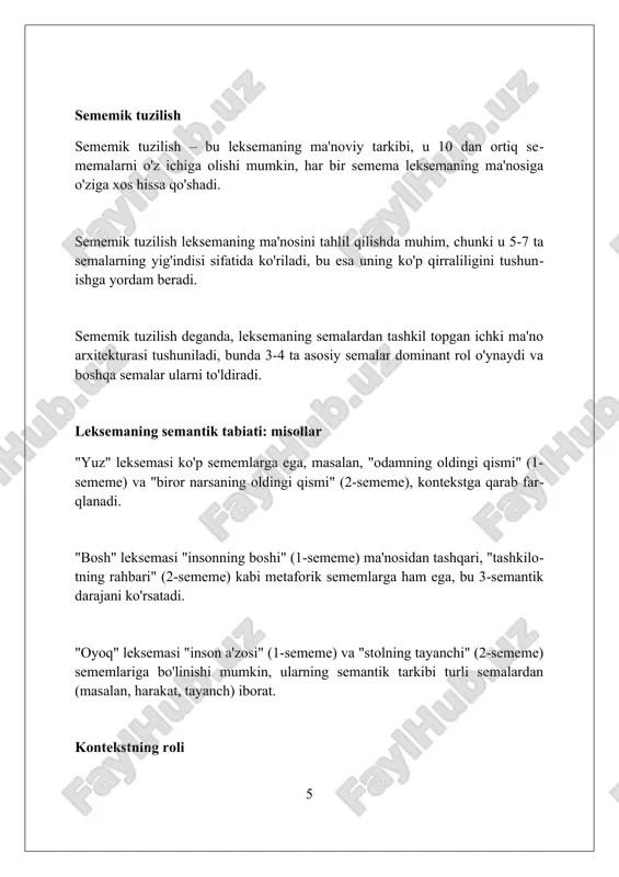 llantiruvchi leksik birlik va 2-si, unga javob beruvchi leksik birliklar majmuasi. lingvistik tahlilda, "savol-javob" sememalar majmuasini oʻz ichiga oladi, bunda "savol" sememasi maʼlumot olishga qaratilgan soʻrovni, "javob" sememasi esa 1 yoki undan ortiq javob variantini koʻrsatadi. xulosa leksemaning semantik tabiati uning semema va semalardan tashkil topgan murakkab tuzilishini ko'rsatadi, bu esa ma'noning turli qirralarini ochib beradi. foydalanilgan adabiyotlar 1. cruse, d. a. (1986). lexical semantics. cambridge university press. 2. lyons, j. (1977). semantics (vols. 1-2). cambridge university press. 3. katz, j. j., fodor, j. a. (1963). the structure of a semantic theory. language, 39(2), 170-210. 4 0 0 0 7
