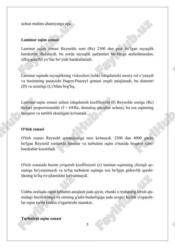 dligining quvur diametriga nisbati (ϵ/d) orqali aniqlanadi, bu nisbat yuqori bo'lganda turbulentlik kuchayadi. nikuradze grafigi laminar, o'tish va turbulentlik zonalarini aniq ajratib ko'rsatadi; bu grafik reynold raqami va ishqalanish koeffitsienti o'rtasidagi bog'liqlikni aks ettiradi. savollar va javoblar 'savollar va javoblar' sessiyalari o'quvchilarning mavzuni 100 foiz tushunishini ta'minlashga yordam beradi, chunki ular qiziqtirgan har qanday savolni berishlari mumkin. 'savollar va javoblar' darsda ishtirok etish va o'quvchilarning diqqatini jalb qilishning ajoyib usuli bo'lib, ularning faollik darajasini 60 foizdan ko'proqqa oshiradi. 'savollar va javoblar' paytida berilgan 5-10 ta savol o'qituvchiga o'quvchilarning tushunish darajasi haqida tezkor fikr bildiradi, darsni moslashtirish imkonini beradi. xulosa nikuradzening tajribasi laminar va turbulent oqim zonalarini aniqlashda muhim rol o'ynadi va gidrodinamikaning rivojlanishiga katta hissa qo'shdi. foydalanilgan adabiyotlar 1. nikuradze, j. (1933). strömungsgesetze in rauhen rohren. vdi forschungsheft, 361. 2. schlichting, h. (1979). boundary-layer theory (7th ed.). mcgraw-hill. 3. white, f. m. (2011). fluid mechanics (7th ed.). mcgraw-hill. 4. kundu, …