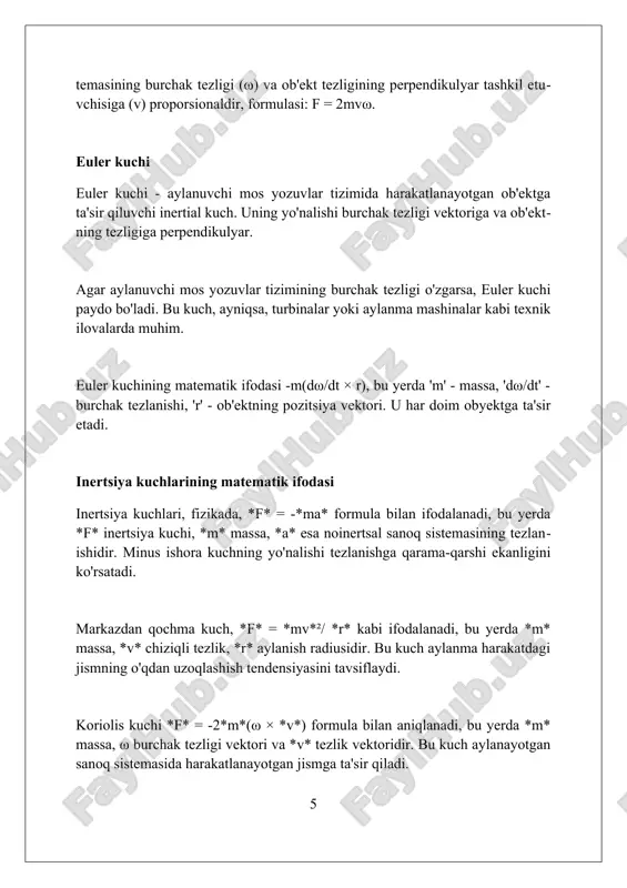 o'rsatadi. monte-karlo usullari xatoliklarni baholashda va noaniqlikni miqdoriy baholashda ishlatiladi, bunda ko'plab tasodifiy namunalardan foydalanib simulyatsiyalar o'tkaziladi. xulosa xulosa shuni ko'rsatadiki, inersiya kuchlari aslida mavjud emas, balki tezlashuvchi kuzatuvchiga nyutonning 1-qonunini qo'llash natijasida yuzaga keladigan matematik tuzatishlardir. markazdan qochma kuch va koriolis kuchi kabi inersiya kuchlari, inertsial bo'lmagan tizimlarda harakatni tahlil qilishda, masalan, aylanuvchi dunyo uchun muhim va zarur hisoblanadi. ushbu inersiya kuchlari, oddiy harakatni murakkablashtiradi va ob'ektlarga ta'sir qilgandek ko'rinadi, lekin bu tizimning tezlashuvi tufayli yuzaga keladigan ta'sirdir. xulosa noinert sial tizimlarda inersiya kuchlari mavjud bo'lib, ular real kuchlar emas, balki tezlanish tufayli paydo bo'ladi va nyuton qonunlarini to'g'rilash uchun kiritiladi. foydalanilgan adabiyotlar 1. symon, k. r. (1971). mexanika. addison-wesley. 2. marion, j. b., thornton, s. t. (1995). klassik mexanikaning dinamikasi va kinematikasi. saunders college publishing. 3. goldstein, h., poole, c., safko, j. (2002). klassik mexanika. addison-wesley. 4. kleppner, d 0 0 0 7