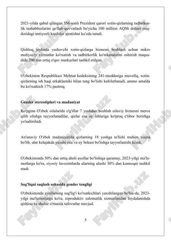 dollari miqdorida imtiyozli kreditlar ajratilishi va biznes-inkubatorlar tarmog'i kengaytirilishi ko'zda tutilgan. ta'lim sohasida qizlarning texnik yo'nalishlarga kirishini 30 foizga oshirish va gender stereotiplarga qarshi kurashish maqsadida 100 dan ortiq o'quv dasturlari qayta ko'rib chiqiladi. xulosa oʻzbekistonda gender tengligi sohasida sezilarli yutuqlarga erishilgan boʻlsada, hali ham hal qilinishi kerak boʻlgan muammolar mavjud. toʻliq tenglikka erishish uchun doimiy saʼy-harakatlar zarur. foydalanilgan adabiyotlar 1. o'zbekiston respublikasi prezidentining 2019 yil 7 martdagi "xotin-qizlarning jamiyat hayotidagi faolligini oshirishga qaratilgan qo'shimcha chora-tadbirlar to'g'risida"gi pq-4235-son qarori. 2. o'zbekiston respublikasining "xotin-qizlar va erkaklarning teng huquq va imkoniyatlar kafolatlari to'g'risida"gi qonuni (2019 yil 2 sentyabr). 3 0 0 0 7