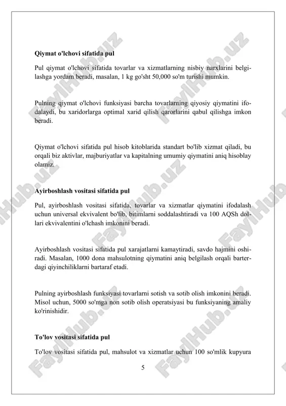 ning likvidligiga ta'sir etadi va kreditlash sharoitlarini o'zgartiradi. xulosa pul mohiyati, funksiyalari, evolyutsiyasi va zamonaviy tizimlari iqtisodiyot uchun muhim. ular tovar ayirboshlashni osonlashtiradi, qiymat o'lchovi va jamg'arish vositasi vazifasini bajaradi. foydalanilgan adabiyotlar 1. pulning mohiyati va funksiyalari. pulning evolyutsiyasi. zamonaviy pul tizimlari. gregory mankiw, "makroiqtisodiyot" (o'zbek tiliga tarjima qilingan nashri). 2. pulning mohiyati va funksiyalari. pulning evolyutsiyasi. zamonaviy pul tizimlari. paul samuelson william nordhaus, "iqtisodiyot" (o'zbek tiliga tarjima qilingan nashri). 3 0 0 0 7
