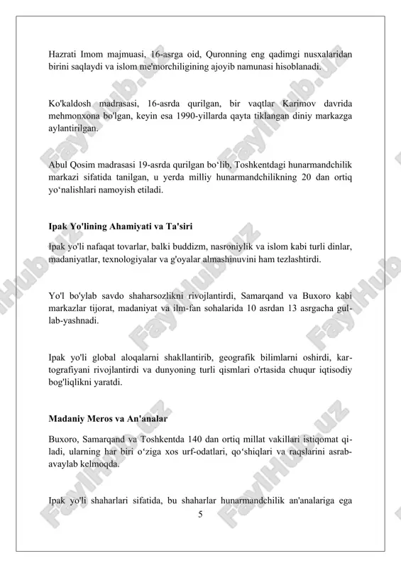 qand va toshkent qadimiy shaharlari madaniy meros, tarixiy ahamiyat va zamonaviy taraqqiyot uyg'unligini namoyon etadi. foydalanilgan adabiyotlar 1. buxoro: tarix, arxitektura, an'analar / muharrirlar: r.a. alimova, d.k. mirzaeva. – toshkent: o'zbekiston milliy ensiklopediyasi, 2017. 2. samarqand: tarixiy obidalar / mualliflar: sh. botirov, f. karimov. – toshkent: sharq, 2015. 3. toshkent tarixi: qadimdan bugungacha / muharrir: r.x. aminova 0 0 0 7