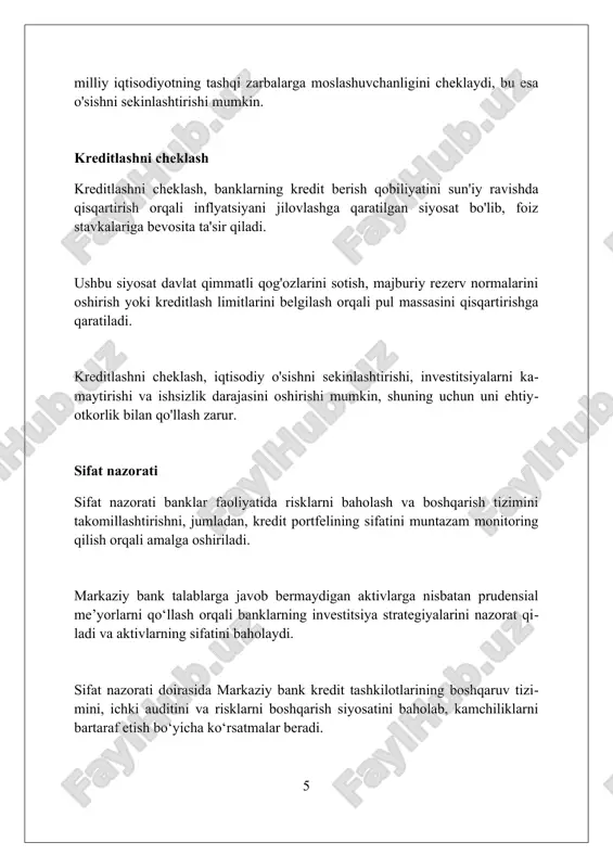 tisodiy o'sishga yordam beradi, 2008-yildagi global moliyaviy inqirozdan keyin ahamiyati sezilarli darajada oshgan. forward guidance oldinga yo'naltirish kelajakdagi foiz stavkalari haqida xabar beradi, masalan, foizlar 2% inflyatsiya maqsadiga erishilguncha past darajada saqlanib turishi e'lon qilinishi mumkin. vaqtinchalik noaniqlikni kamaytirish uchun oldinga yo'naltirish qo'llaniladi, shu sababli markaziy bank 2025 yilgacha muayyan siyosatni amalga oshirishga va'da berishi mumkin. oldinga yo'naltirish shartli bo'lishi mumkin: agar ishsizlik darajasi 5,5% dan pastga tushsa, foizlar oshiriladi, aks holda siyosat o'zgarishsiz qoladi, degan bayonot berilishi mumkin. xulosa pul-kredit siyosati instrumentlari inflyatsiyani nazorat qilish, iqtisodiy o'sishni rag'batlantirish va moliyaviy barqarorlikni ta'minlashda muhim rol o'ynaydi. foydalanilgan adabiyotlar 1. mishkin, f. s. (2016). pul, banklar va moliyaviy bozorlar. (11-nashr). pearson education. 2. mankiw, n. g. (2016). makroiqtisodiyot. (9-nashr). worth publishers. 3. romer, d. h. (2011). ilg'or makroiqtisodiyot. (4-nashr). mcgraw-hill. 4. walsh, c. e. (2017). pul nazariyasi va siyosati 0 0 0 7