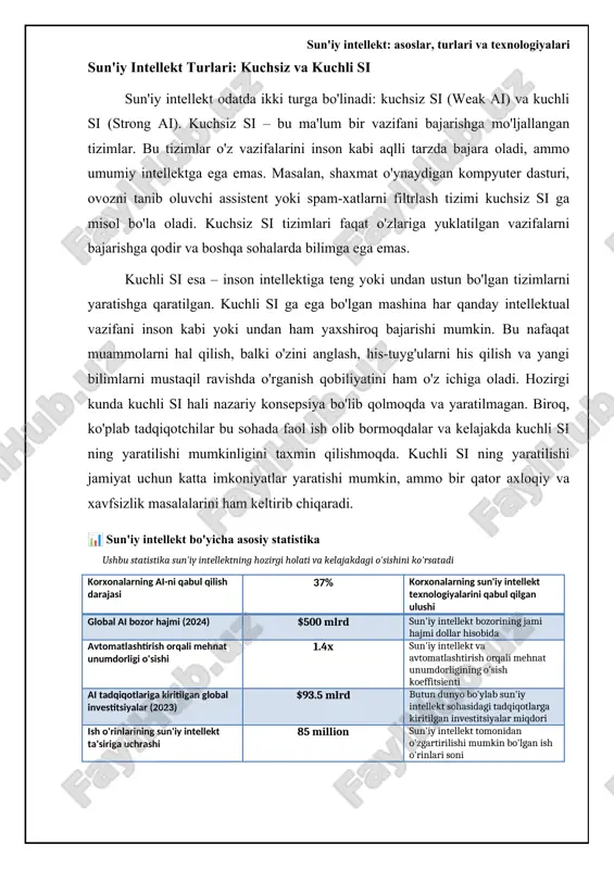 k yuqori mijozlarga xizmat ko'rsatish chatbotlar tezkor javoblar, 24/7 shaxsiy aloqa yo'qligi o'rtacha sun'iy intellektning afzalliklari va kamchiliklari: muvozanat sun'iy intellektning afzalliklari ko'p. si vazifalarni tezroq, samaraliroq va aniqroq bajarish imkonini beradi. avtomatlashtirish orqali si odamlarni zerikarli va takroriy vazifalardan ozod qilib, ularning ijodiy va strategik vazifalarga e'tibor qaratishlariga imkon beradi. si ma'lumotlarni katta miqdorda tahlil qila oladi va insonlar ko'rmaydigan naqshlarni aniqlay oladi, bu esa yaxshiroq qarorlar qabul qilishga yordam beradi. si tibbiyot, ta'lim va boshqa sohalarda insoniy yordamga imkoni bo'lmagan shaxslarga yordam berish imkoniyatini yaratadi. masalan, si yordamida yaratilgan protezlar yoki nutqni tanib olish texnologiyalari imkoniyatlari cheklangan shaxslarning hayot sifatini yaxshilaydi. shu bilan birga, si ning kamchiliklari ham mavjud. si joriy etilishi ish o'rinlarining yo'qolishiga olib kelishi mumkin, chunki ko'plab vazifalar avtomatlashtiriladi. si tizimlarining murakkabligi va shaffof emasligi sababli ularning qarorlari tushunarsiz bo'lishi mumkin, bu esa javobgarlik masalasini keltirib chiqaradi. si tizimlarining ma'lumotlarga bo'lgan bog'liqligi shaxsiy ma'lumotlarning maxfiyligi …
