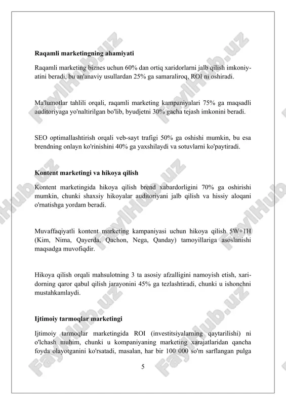 sh imkonini beradi. muvaffaqiyatli tadbirkorlik marketingi misollari dollar shave clubning viral marketing kampaniyasi, arzon narxdagi obuna modeliga urg'u berib, birinchi yilida 12,000 mijoz orttirishga yordam berdi. airbnb kontent marketing strategiyasi, mahalliy tajribalarni ta'kidlash orqali sayohatchilarning ishonchini qozondi va 300% o'sishga erishdi. gopro ijtimoiy media marketingi, foydalanuvchilar tomonidan yaratilgan kontentga asoslanib, brend sadoqatini oshirdi va 8 milliard dollardan ortiq baholandi. xulosa tadbirkorlik va marketing birgalikda muvaffaqiyatga erishish uchun kuchli ittifoqdir. ular biznesni rivojlantirish va bozor ulushini oshirish imkoniyatini beradi. foydalanilgan adabiyotlar 1. xizmat ko'rsatish marketingi, valeri a. zaytaml, meri jo bitner, dueyn d. gremler. 2. marketing asoslari, filipp kotler va geri armstrong. 3. tadbirkorlik muvaffaqiyati uchun marketing, kennet r. hodkinson. 4. startapning marketingi: o'sish uchun asos, april dunford. 5 0 0 0 7