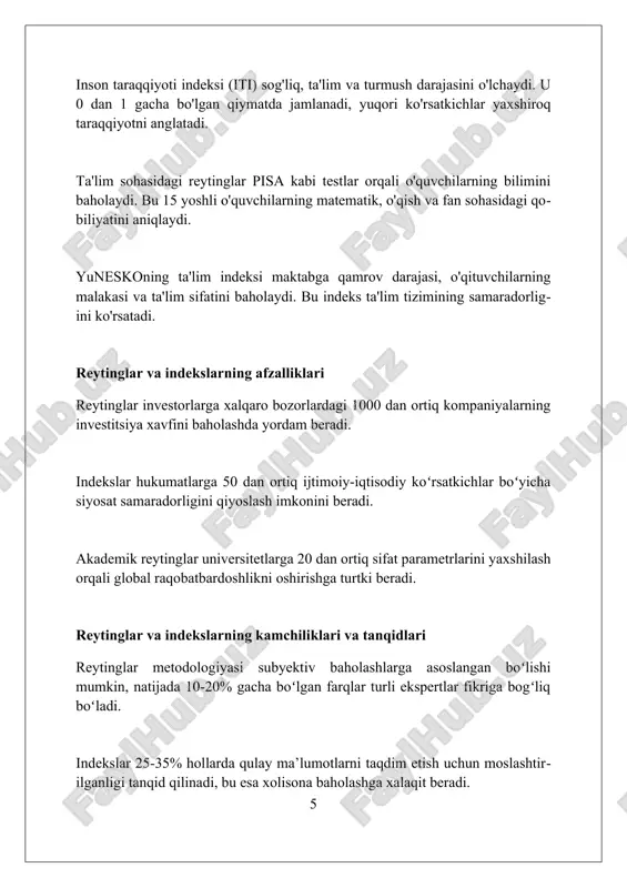 uchun hukumatlar tomonidan siyosatni shakllantirishda muhim rol o'ynaydi. xalqaro reytinglar va indekslar kelajagi, ayniqsa 2040-yilgacha, ma'lumotlarning shaffofligini oshirish va metodologiyalarni standartlashtirishga qaratilgan xalqaro hamkorlikni mustahkamlash bilan bog'liq. xulosa xalqaro reyting va indekslar mamlakatlar rivojlanishini baholashda muhim rol o'ynaydi va global raqobatbardoshlikni oshirishga xizmat qiladi. foydalanilgan adabiyotlar 1. reytinglar va indekslar dunyosi: global raqobatbardoshlik manzarasiga sayohat. (the world of rankings and indices: a journey into global competitiveness landscapes.) 2. xalqaro reytinglar: siyosatshunoslik istiqboli. (international rankings: a political science perspective.) 3 0 0 0 7