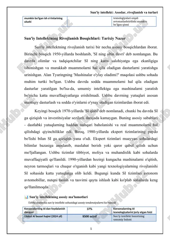 ning ai texnologiyalarini joriy etgan foizi global ai bozori hajmi (2024 yil) $500 mlrd sun'iy intellekt bozorining umumiy bahosi ai sohasidagi ish o'rinlarining o'sish sur'ati 22% ai bilan bog'liq ish o'rinlarining yillik o'sishi ai startaplariga investitsiyalar hajmi (2023 yil) $40 mlrd sun'iy intellekt startaplariga kiritilgan umumiy investitsiya ai tomonidan avtomatlashtirilishi mumkin bo'lgan ish o'rinlarining ulushi 40% mavjud ish o'rinlarining ai texnologiyalari orqali avtomatlashtirilishi mumkin bo'lgan qismi sun'iy intellektning qo'llanilish sohalari va istiqbollari sun'iy intellekt bugungi kunda jamiyatimizning deyarli barcha sohalarida keng qo'llanilmoqda. tibbiyot sohasida si kasalliklarni tashxislash, davolash usullarini ishlab chiqish va bemorlarni parvarish qilishda yordam beradi. masalan, si yordamida rentgen va mrt tasvirlarini tahlil qilish orqali saraton kasalligini erta bosqichlarda aniqlash mumkin. ta'lim sohasida si o'quv jarayonini individualizatsiya qilish, baholashni avtomatlashtirish va talabalarga shaxsiy maslahatlar berish uchun ishlatiladi. moliya sohasida si firibgarlikni aniqlash, risklarni baholash va investitsiya portfellarini boshqarishda muhim rol o'ynaydi. transport sohasida esa avtonom avtomobillar va dronlar …