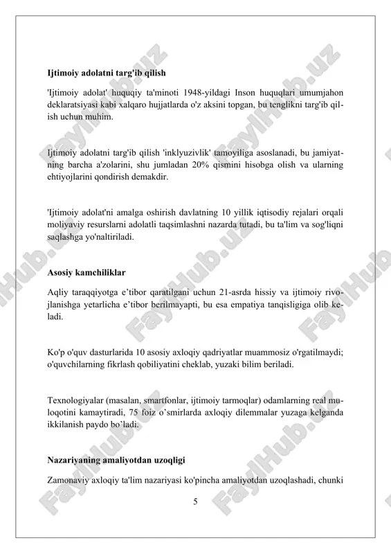 n tadqiqotlarning 90% natijalariga ko'ra, zamonaviy axloqiy ta'limni takomillashtirish uchun innovatsion pedagogik texnologiyalarni joriy etish zarurligini ta'kidlaydi. xulosa zamonaviy axloqiy ta'lim yutuqlarga erishgan bo'lsa-da, kamchiliklari ham mavjud. kelajakda bu sohani takomillashtirish ustida ishlash zarur. foydalanilgan adabiyotlar 1. durkheim, e. (1925). moral education: a study in the theory and application of the sociology of education. free press. 2. noddings, n. (2002). educating moral people: a caring alternative to character education. teachers college press. 3. kohlberg, l. (1981) 0 0 0 7
