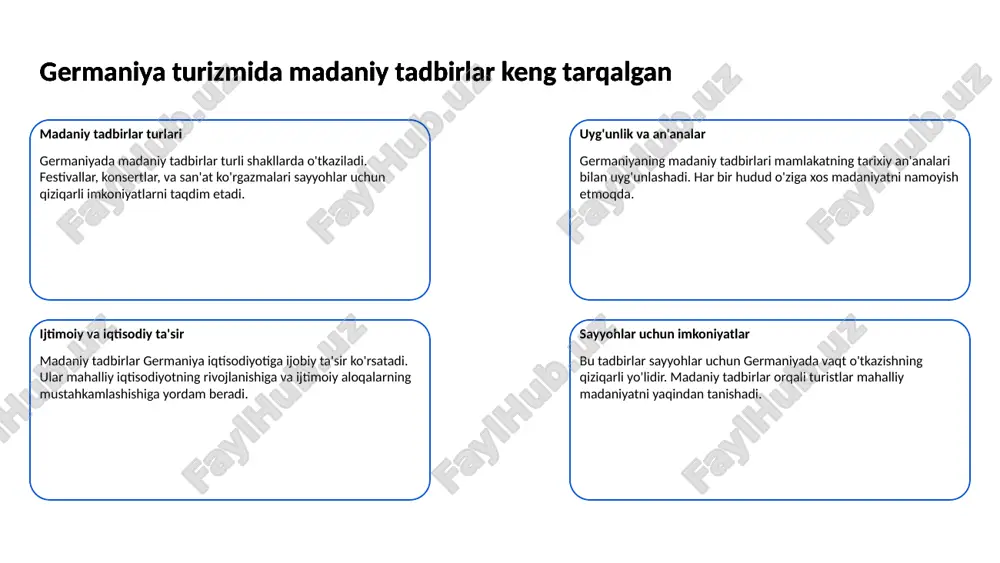 as tajriba taqdim etadi. germaniya turizmida gastronomiya tajribasi muhim ahamiyatga ega restoran va kafelar germaniyada joylashgan restoranlar va kafelar mahalliy taomlardan tortib, xalqaro taomlargacha keng tanlov taklif etadi. bu joylarda sayyohlar chuqur gastronomik tajriba olishlari mumkin. germaniya turizmida gastronomiya tajribasi muhim ahamiyatga ega gastronomik tadbirlar germaniyada muntazam ravishda gastronomik festivallar va tadbirlar o'tkaziladi. bunday tadbirlarda mahalliy oshxonalar va ishlab chiqaruvchilar o'z mahsulotlarini taqdim etadilar. germaniya turizmida gastronomiya tajribasi muhim ahamiyatga ega sut va pivo madaniyati germaniya pivosi va sut mahsulotlari bilan mashhur. bu ichimliklar va mahsulotlar sayohatchilarni jalb qiladi va ko'plab turlar orqali o'rganish imkoniyatini beradi. 11 germaniya turizmida sayohat qilish uchun ko'plab imkoniyatlar mavjud tarixiy joylar germaniyada ko'plab tarixiy joylar bor. berlin devori, neuschwanstein saroyi kabi joylar sayohatchilarni jalb etadi. germaniya turizmida sayohat qilish uchun ko'plab imkoniyatlar mavjud tabiat go'zalliklari germaniya tabiat go'zalliklari bilan mashhur. black forest va bavariya tog'lari sayyohlar uchun ideal joylardir. germaniya turizmida sayohat qilish uchun …