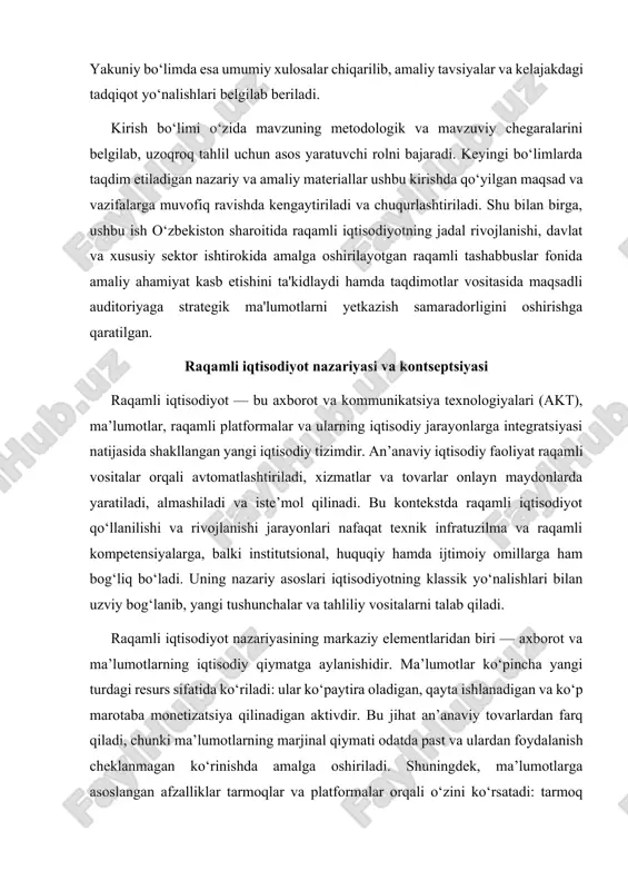 shiladi va iste’mol qilinadi. bu kontekstda raqamli iqtisodiyot qo‘llanilishi va rivojlanishi jarayonlari nafaqat texnik infratuzilma va raqamli kompetensiyalarga, balki institutsional, huquqiy hamda ijtimoiy omillarga ham bog‘liq bo‘ladi. uning nazariy asoslari iqtisodiyotning klassik yo‘nalishlari bilan uzviy bog‘lanib, yangi tushunchalar va tahliliy vositalarni talab qiladi. raqamli iqtisodiyot nazariyasining markaziy elementlaridan biri — axborot va ma’lumotlarning iqtisodiy qiymatga aylanishidir. ma’lumotlar ko‘pincha yangi turdagi resurs sifatida ko‘riladi: ular ko‘paytira oladigan, qayta ishlanadigan va ko‘p marotaba monetizatsiya qilinadigan aktivdir. bu jihat an’anaviy tovarlardan farq qiladi, chunki ma’lumotlarning marjinal qiymati odatda past va ulardan foydalanish cheklanmagan ko‘rinishda amalga oshiriladi. shuningdek, ma’lumotlarga asoslangan afzalliklar tarmoqlar va platformalar orqali o‘zini ko‘rsatadi: tarmoq effektlari foydalanuvchilar soni ortishi bilan xizmatlar qiymatini oshiradi va monopoliyaga yoki oligopoliyaga olib kelishi mumkin. platforma iqtisodiyoti raqamli iqtisodiyot nazariyasining asosiy yo‘nalishlaridan biridir. platformalar — bu ikki yoki undan ortiq tomonlarni (iste’molchilar, ishlab chiqaruvchilar, xizmat ko‘rsatuvchilar) birlashtiruvchi raqamli infrastrukturadir. ular transaksiyalarni osonlashtiradi, ishtirokchilar orasida axborot asimmetriyasini …