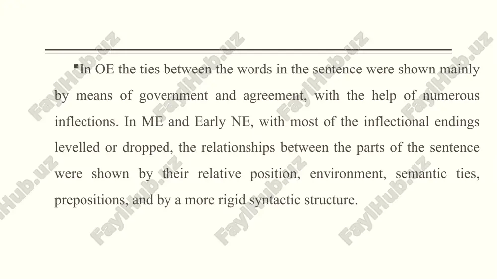 ‘s-genitive was less restricted than in mod e, so that inanimate nouns commonly occurred as inflectional genitive in a noun pattern: fadres sone ‘father’s son’, every shires ende ‘end of every shire’. yet the use of prepositions had become more extensive: the sergeaunts of the toun of rome ‘the officials of the town of rome’. in the age of literary renaissance, the noun patterns became fixed syntactic frames in which every position had a specific functional significance. the attribute in pre-position was enclosed between the determiner and the head-word; hence every word occupying this position was an attribute. the position of the head-noun could not be left vacant – it was at that time that the indefinite pronoun one and the demonstrative that began to be used as the so-called “prop-words”, e.g. a barren-spirited fellow, one that feeds on abject orts and imitations… (shakespeare) with the growth of the written …