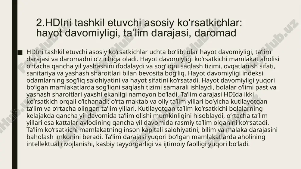 ntlarni ham hisobga oladi. hdi orqali mamlakatlar o‘z aholisining farovonligi, bilim va sog‘liq salohiyatini aniqlash, xalqaro miqyosda solishtirish va rivojlanish strategiyasini shakllantirish imkoniyatiga ega bo‘ladi. har bir komponent mamlakat rivojlanishining turli jihatlarini aks ettiradi: hayot davomiyligi sog‘liq va yashash sharoitlarini, ta’lim darajasi bilim va ko‘nikmalarni, daromad esa iqtisodiy imkoniyatlarni bildiradi. hdi hisoblashning aniq formulalari va geometrik o‘rtacha usuli mamlakatlar rivojlanishini kompleks tarzda baholashga yordam beradi. shu bilan birga, hdi qiymatlarini talqin qilish orqali mamlakatlar ijtimoiy va iqtisodiy siyosatlarini to‘g‘ri yo‘naltirishi, resurslarni samarali taqsimlashi va aholining hayot sifatini oshirishi mumkin. umuman olganda, hdi — bu faqat raqamlar majmui emas, balki inson salohiyatini oshirish, jamiyatning rivojlanish darajasini yaxshilash va kelajak uchun barqaror strategiyalar ishlab chiqishda asosiy indikator hisoblanadi. foydalanilgan adabiyotlar united nations development programme (undp). human development report 2021/2022. new york: undp, 2022. undp. human development report 1990: concept and measurement of human development. new york: oxford university press, 1990. anand, s., …