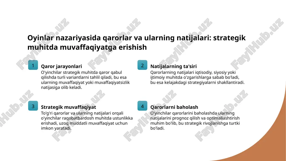 ehtimollarni hisobga oladi, har bir ishtirokchi boshqalarning harakatlarini prognoz qiladi va uzoq muddatli muvaffaqiyat uchun eng optimal strategiyalarni tanlaydi. foydalanilgan adabiyotlar 1. kohlberg, e. (2016). o'yinlar nazariyasi va strategik qarorlar. toshkent davlat universiteti nashriyoti. 2. tahlilov, s. (2018). nash muvozanati va raqobat strategiyalarining iqtisodiyotni boshqarishdagi o'rni. o'zbekiston iqtisodiyot va rivojlanish jurnali. 3. qodirov, a. (2020). o'yinlar nazariyasining ijtimoiy sohalarda qo'llanilishi. o'zbekiston fanlar akademiyasi matbuoti. 4. mustaqil, n. (2019). raqobat strategiyalari va ularning iqtisodiy muhitdagi ta'siri. toshkent: iqtisodiyot va sarmoya nashriyoti. 5. bekzod, s. (2021). o'yinlar nazariyasi va siyosatdagi qo'llanilishi. o'zbekiston siyosat va iqtisodiyot maqolalar seriyasi, 15(3), 45-60. e'tiboringiz uchun rahmat! /docprops/thumbnail.jpeg