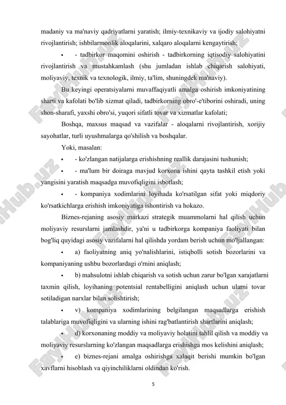 yoki miqdoriy ko'rsatkichlarga erishish imkoniyatiga ishontirish va hokazo. biznes-rejaning asosiy markazi strategik muammolarni hal qilish uchun moliyaviy resurslarni jamlashdir, ya'ni u tadbirkorga kompaniya faoliyati bilan bog'liq quyidagi asosiy vazifalarni hal qilishda yordam berish uchun mo'ljallangan: · a) faoliyatning aniq yo'nalishlarini, istiqbolli sotish bozorlarini va kompaniyaning ushbu bozorlardagi o'rnini aniqlash; · b) mahsulotni ishlab chiqarish va sotish uchun zarur bo'lgan xarajatlarni taxmin qilish, loyihaning potentsial rentabelligini aniqlash uchun ularni tovar sotiladigan narxlar bilan solishtirish; · v) kompaniya xodimlarining belgilangan maqsadlarga erishish talablariga muvofiqligini va ularning ishini rag'batlantirish shartlarini aniqlash; · d) korxonaning moddiy va moliyaviy holatini tahlil qilish va moddiy va moliyaviy resurslarning ko'zlangan maqsadlarga erishishga mos kelishini aniqlash; · e) biznes-rejani amalga oshirishga xalaqit berishi mumkin bo'lgan xavflarni hisoblash va qiyinchiliklarni oldindan ko'rish. zamonaviy amaliyotda biznes-reja beshta funktsiyaga ega. birinchisi, biznes strategiyasini ishlab chiqish uchun undan foydalanish imkoniyati bilan bog'liq. ushbu funktsiya korxonaning tashkil etilishi davrida, shuningdek, faoliyatning yangi yo'nalishlarini …