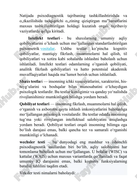 lar bu testni shizofreniya yoki turli asab kasallik bilan chalinganlarni aniqlash uchun ajoyib vosita deb hisoblashadi. test klinik psixolog starke xeteuey va minnesota universitetining ikki professori neyropsikolog j.c. makkinli tomonidan ishlab chiqilgan. u ruhiy salomatlik sohasidagi mutaxassislar uchun ruhiy kasalliklarni tashxislashda yordam beradigan vosita bo'lish uchun yaratilgan. mmpi testlari ruhiy kasalliklarni tashxislash uchun ishlatiladi, ammo ko'plab ruhiy salomatlik mutaxassislari tashxis qo'yish uchun bitta testga tayanmaydilar. ular odatda ko'plab manbalardan ma'lumot to'plashni afzal ko'radilar, jumladan, sinovdan o'tayotgan shaxs bilan o'zlarining aloqalari. psixodiagnostik metodikalarni baholashning asosiy mezonlari sifatida ishonchlilik va validlik olinishi mumkin. validlik – metodika yordamida olingan ma’lumotlarning metodikaning nimani aniglashga qaratilganligi, ya’ni metodika mohiyati bilan mosligi. ishonchlilik – psixogiagnostik metodikaning sifati bo‘lib, natijalar barqarorligi va takrorlanishini ko‘rsatuvchi mezon. metodikaning ishonchliligi natijalar barqarorligi va takrorlanishini ko‘rsatuvchi mezon hisoblanadi. qobiliyat testlari — insonning fikrlash, muammolarni hal qilish, o‘rganish va axborotni qayta ishlash imkoniyatlarini baholashga mo‘ljallangan psixologik vositalardir. bu testlar odatda insonning tug‘ma …