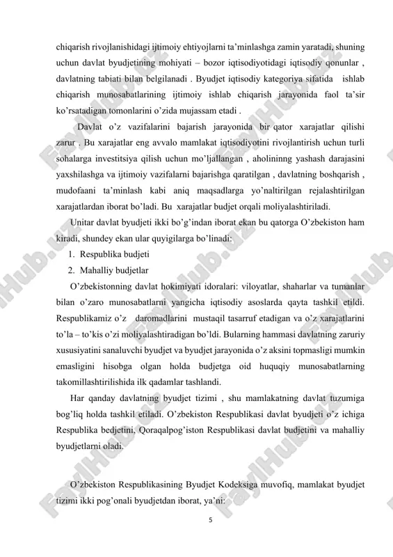 fondlarini shakllantirsh, taqsimlash, foydalanish paytida yuzaga keluvchi va ro’yabga chiquvchi iqtisodiy munosabatlar hisoblanadi va uning asosida doimo moddiy ishlab chiqarish hamda nomodiy xizmat ko’rsatishlar yotadi. huquqiy kategoriya sifatida byudjet tegishli hudud doirasida markazlashtirilgan pul fondlarini shakllantirish, taqsimlash, foydalanishga qaratilgan va tegishli davlat yoki mahalliy hokimiyat idorasi tomonidan tasqidlangan asosiy moliyaviy reja, yuridik me’yorlardan iborat. byudjeti alohida bir mamlakatninng asosiy moliyaviy rejasi sifatida quyidagi belgilar tavsiflanadi. · byudjet universal moliyaviy reja sifatida tegishli hududning iqtisodiy va ijtimoiy taraqqiyotining barcha sohalari va yo’nalishlarini to’la qamrab oladi. · byudjet boshqa turdagi moliyavity rejalarga nisbatan muvofiqlashtiruvchi vazifani bajaradi. davlat byudjetiga quyidagicha ta’rif berilgan: “davlat byudjeti – davlat pul mablag’larining (shu jumladan davlat maqsadli jamg’rmalari mablag’larining) markazlashtirilgan jamg’armasi bo’lib, unda daromadlar manbalari va ulardan tushumlar miqdori, shuningdek, moliya yili mobaynida aniq maqsadlar uchun ajratiladigan mablag’lar sarfi yo’nalishlari va miqdori nazarda tutiladi”. mahalliy byujedlar – hududiy moliyaning asosiy tashkil etuvchi hisoblanadi. mahalliy byudjetlarning daromadlari, asosan, mahalliy …