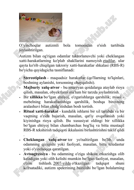 ilan muloqot qilishda qiyinchiliklar paydo bo'ladi. hatto yaqin odamlar bilan ham, bola hissiy aloqalarni o'rnatishda qiyinchiliklarga duch keladi, lekin ko'proq darajada autizm bolaning begonalar bilan muloqotda namoyon qiladi. erta bolalik autizmi sindromi erta bolalik autizm sindromi (qisqartirilgan rda) autizmga xos boʻlgan sindrom bo'lib, birinchi marta kasallik 1943-yilda leo kanner(kanner autizmi) tomonidan tasvirlangan . rda ning tashqi ko'rinishlari autizm . bolada tashqi dunyo bilan hissiy aloqa o'rnatish qiyin. o'zining hissiy holatini ifodalash va boshqa odamlarni tushunish muammoli bo'ladi. ko'z bilan aloqa o'rnatishda, imo-ishoralar, yuz ifodalari, intonatsiyalar yordamida odamlar bilan muloqot qilishda qiyinchiliklar paydo bo'ladi. hatto yaqin odamlar bilan ham, bola hissiy aloqalarni o'rnatishda qiyinchiliklarga duch keladi, lekin ko'proq darajada autizm bolaning begonalar bilan muloqotda namoyon qiladi. baʼzi autistik odamlar gʻayrioddiy qobiliyatlarni namoyon etadilar, masalan, arzimas narsalarni yodlashdan tortib autistik olimlarning noyob isteʼdodlarigacha. bir tadqiqotda autizm tashxisli odamlar umumiy aholiga nisbatan idrok va eʼtiborning yuqori koʻnikmalarini qanday namoyon etishi tasvirlangan. sezgi anormalliklari …