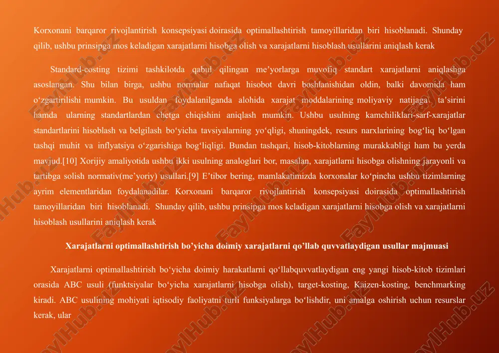 urslari. shuningdek, ushbu usulni qoʻllash tashkilotlardan katta mablagʻlar va malakali xodimlarni talab qiladi. yaponiyada target-costing xarajatlarini hisobga olish tizimi paydo boʻldi. bu usul hozirda butun dunyoda xizmatlar va innovatsiyalar sohasiga aloqador tashkilotlarda keng qoʻllanilmoqda.[13] tizimning mohiyati-belgilangan parametrlar boʻyicha hisoblash. ushbu usulning asosi mahsulotning bozor qiymati va kerakli foyda miqdori oʻrtasidagi farq sifatida hisoblangan maqsadli xarajat kontseptsiyasini oʻz ichiga oladi.[8] oddiy soʻz bilan aytganda, ishlab chiqarish qiymati korxona bozorga raqobatbardosh mahsulotni taklif qilish uchun harakat qilishi kerak boʻlgan qiymat sifatida qaraladi. ammo rejalashtirish amalga oshirilmaydigan korxonalarda bu usulni qoʻllash juda qiyin, chunki bunday sharoitda zarur xarajatlarni aniqlash juda muammoli hisoblanadi. kaizen-costing-yana bir yapon tizimi. yapon tilidan tarjima qilingan "kaizen" soʻzi "takomillashtirish" degan ma’noni anglatadi. yaponiyada target-costing xarajatlarini hisobga olish tizimi paydo boʻldi. bu usul hozirda butun dunyoda xizmatlar va innovatsiyalar sohasiga aloqador tashkilotlarda keng qoʻllanilmoqda.[13] tizimning mohiyati-belgilangan parametrlar boʻyicha hisoblash. ushbu usulning asosi mahsulotning bozor qiymati va kerakli foyda miqdori oʻrtasidagi …
